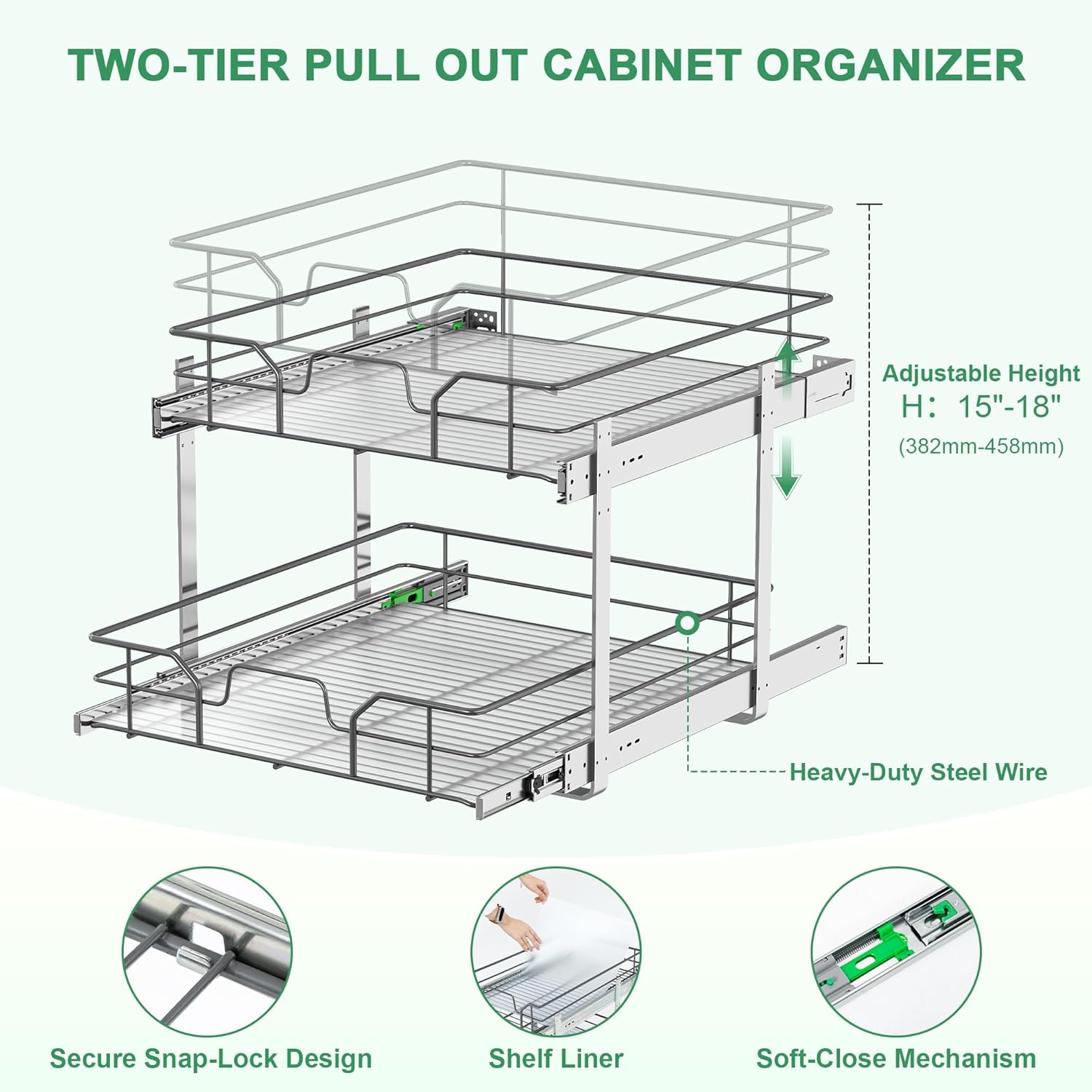 2-Tier Pull Out Cabinet Organizer (14" W x 22" D), Soft Close Cabinet Slide Out Shelves, Heavy Duty Slide Out Drawers with Shelf Liner for Kitchen Cabinets, Pantry Storage, Bathroom