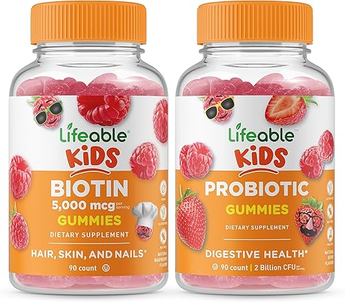 Lifeable Biotin Kids + probiótico 2 mil millones de UFC para niños, paquete de gomitas – Gran sabor, suplemento vitamínico, sin gluten, sin OMG,