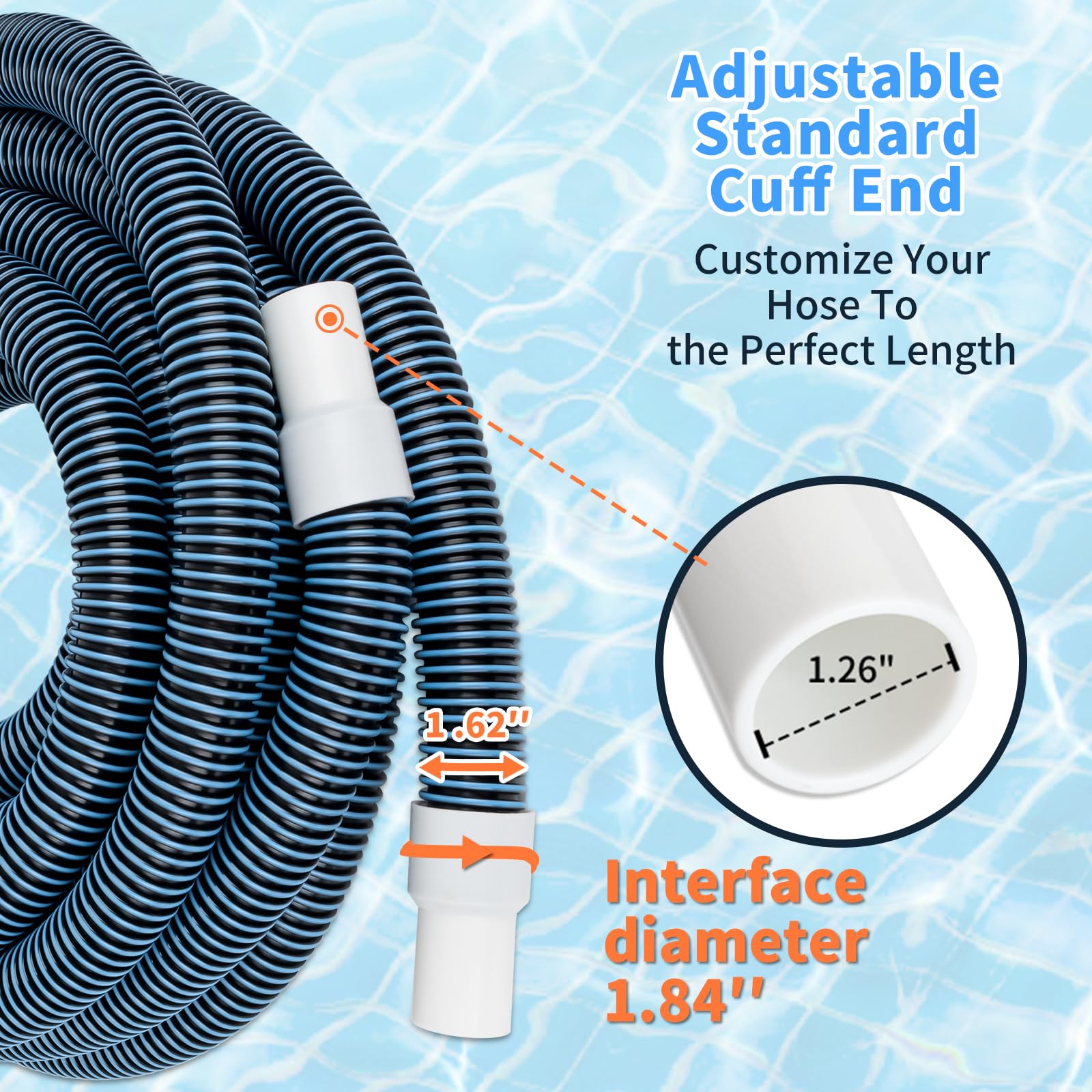Tuyau d'aspiration de piscine robuste en spirale de 3,8 cm x 8,2 m avec manchon pivotant sans nœud, durable, flexible, ajustement universel pour l'entretien de la piscine