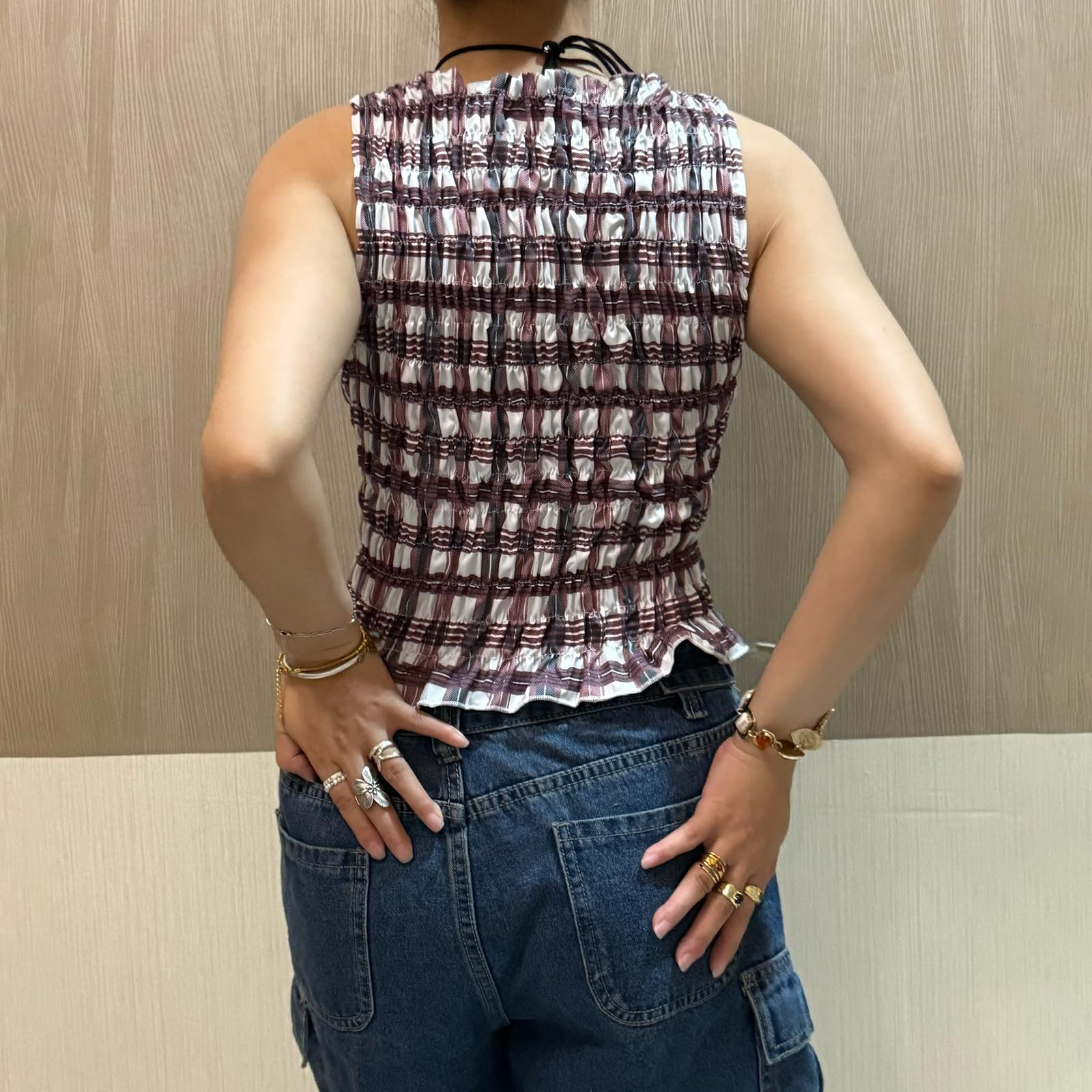 Sexy Outfit Camiseta sin Mangas con Cuello Barco y Dobladillo con Volantes para Mujer, Blusa de Verano Ajustada con Pliegues para Uso Diario Informal