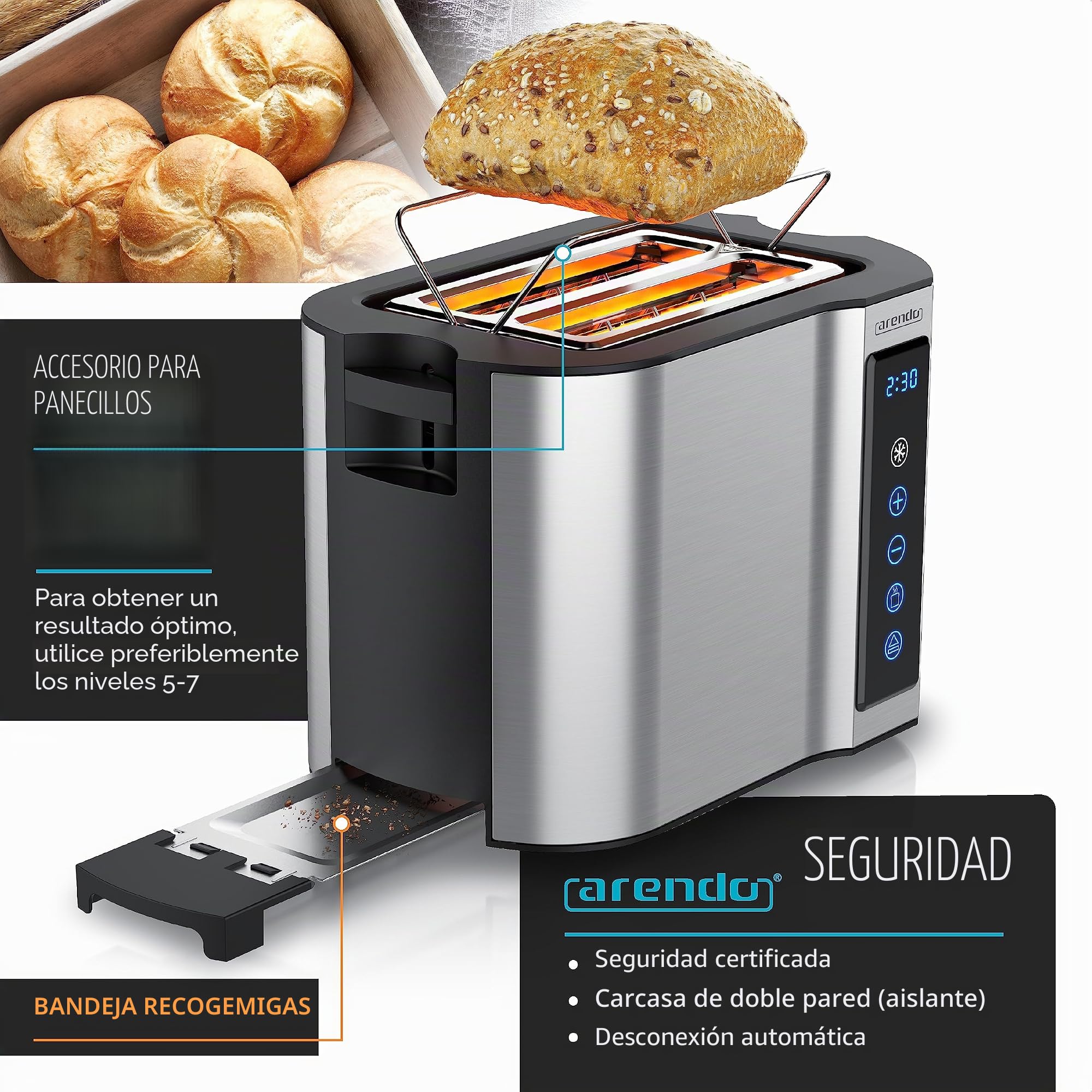 Arendo – Tostadora táctil de 2 rebanadas de acero inoxidable, pantalla táctil digital del tiempo restante – 800 W – Caja de doble pared – con rejilla recalentadora de bollería – 7 niveles de bruñido