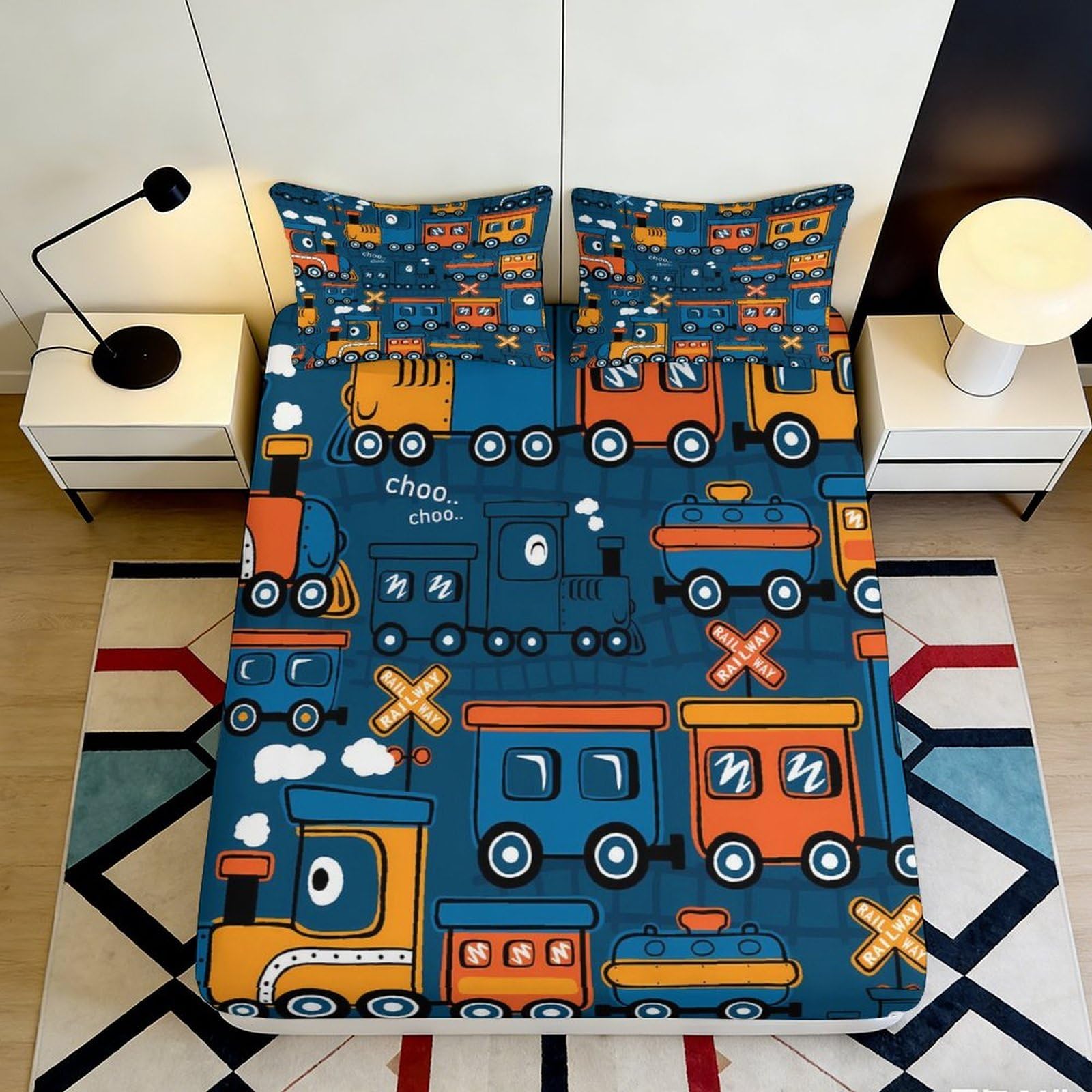 3D Printed Cartoon Train Fitted Sheet Microfiber Deep Pocket Non-Slip Home Bedding Cartoon Train Mattress Fitted Cover for Adults Teens 90x200x25cm