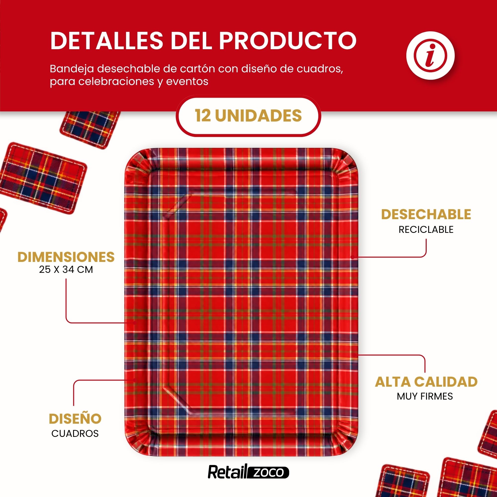 Bandejas de Cartón para Servir, Diseño Cuadros Escoceses, 12 Unidades - imagen 2