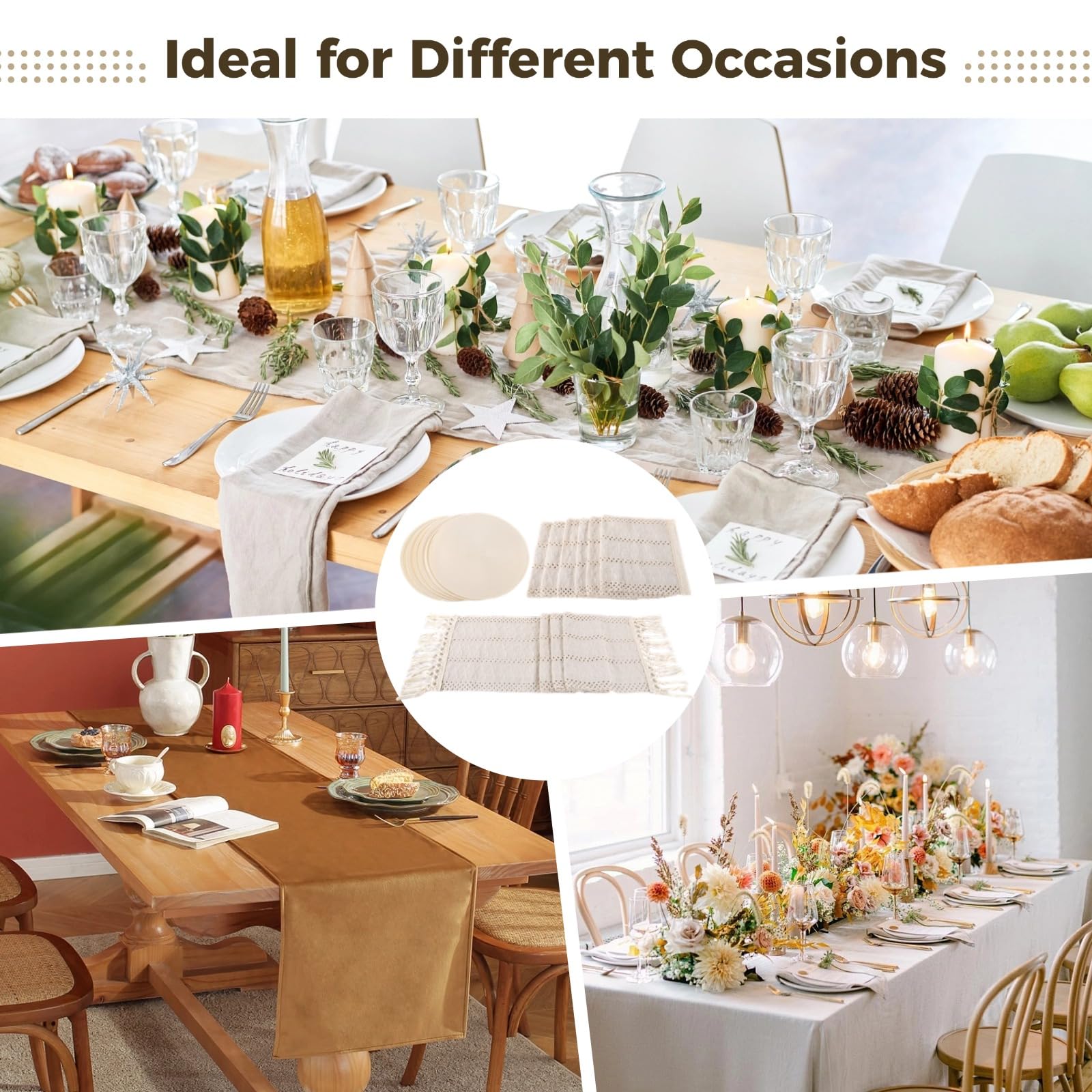 Lot de 6 sets de table ronds tissés - 6 sets de table ronds tissés - 6 sets de table en coton et lin - 1 chemin de table en macramé avec pampille - Résistants à la chaleur et antidérapants - Style