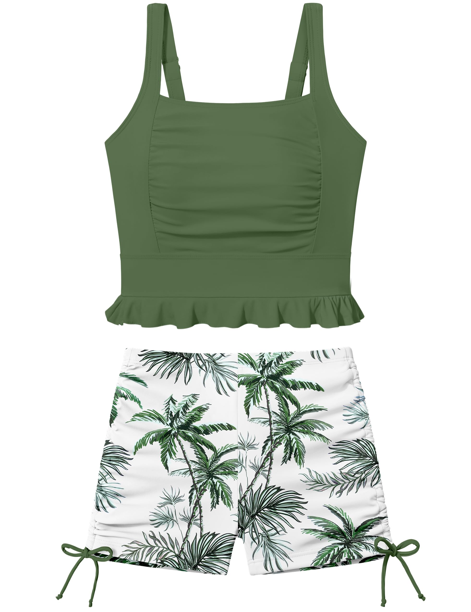Girls Swimsuit Two Piece Bathing Suit Ruffle Trim Swimsuits for Girls Tankini with Drawstring Shorts Swimwear 9-18Y