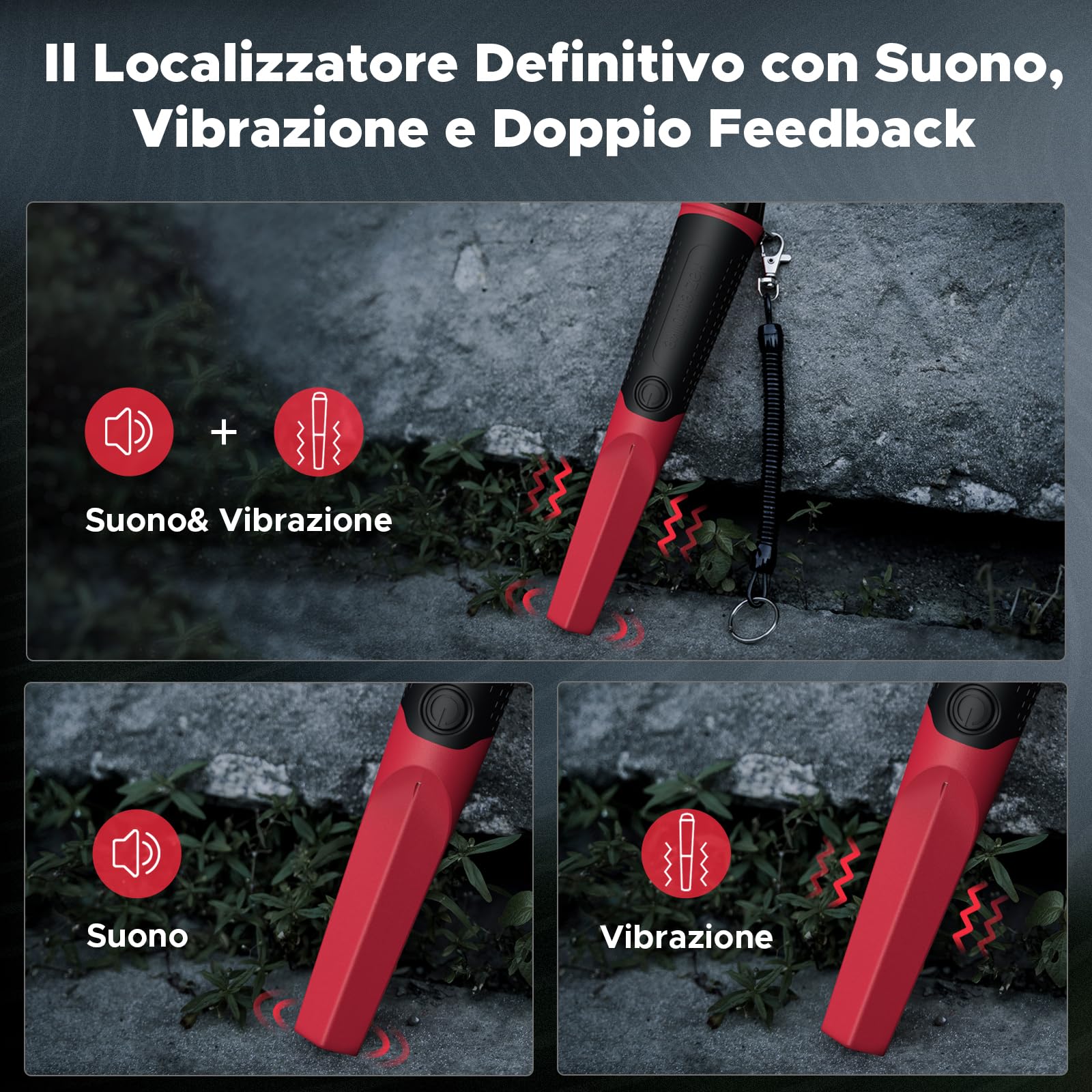 Hazlewolke Pinpointer Metal Detector Portatile, IP68 Rilevatore di Metalli Impermeabile, Profondità 4,5", Rilevamento a 360°, Accessori Pin Pointer per Adulti e Bambini - rosso
