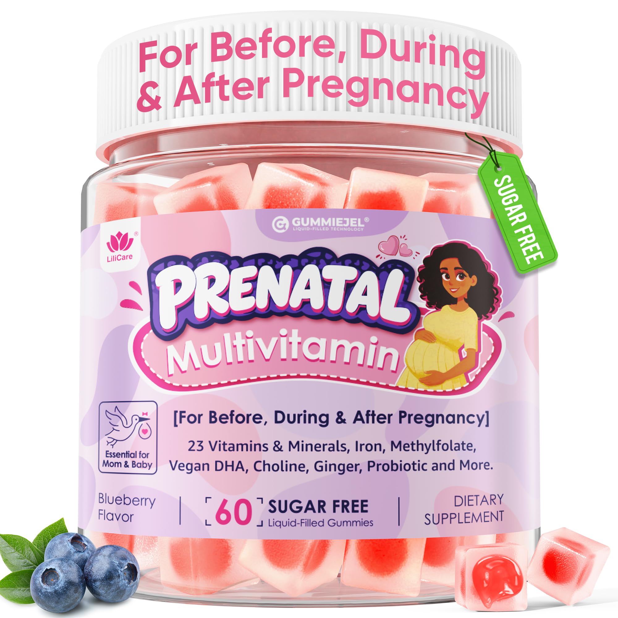 Prenatal Gummies for Mom & Baby with DHA 300mg, Iron, Methylfolate, 60 Cts