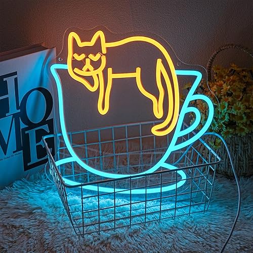Miniatura 5 de Letrero de neón de gato de café para decoración de pared, luz de neón regulable para negocios, letrero de luz LED de café alimentado por USB para