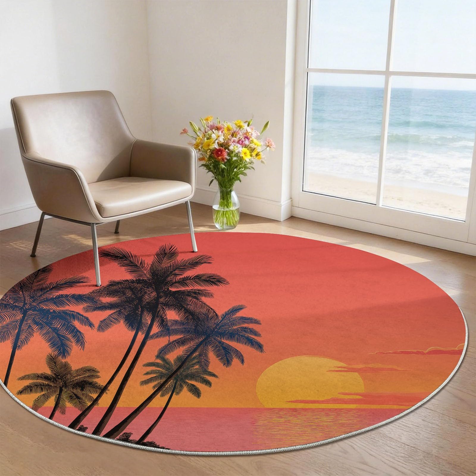 Teppich Rund 120 cm, Mehrfarbig Weich und Flauschig Teppich, Gegend Kreis rutschfest Waschbar Modern Strand Sonnenuntergang Palmen Bedruckt Bodenteppich für Wohnzimmer Schlafzimmer