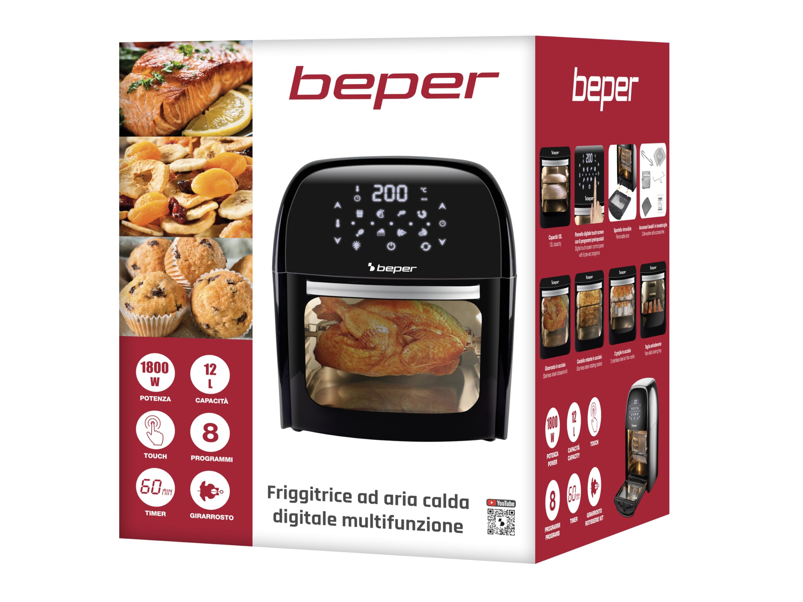 BEPER P101FRI012 Digitale Heißluft Fritteuse, Girarrosto, Ofen, Toaster, Trockner,12L, 1800W, Touch-Panel, 8 Programme, Zubehör, Verstellbar, Schwarz