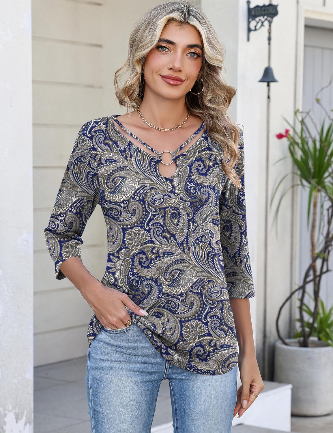 Rapbin 3/4 Length Sleeve Womens Tops Summer Cut Out Ring Keyhole Neck Dressy Casual Crew Neck Tee Shirts 2026 - Image 2