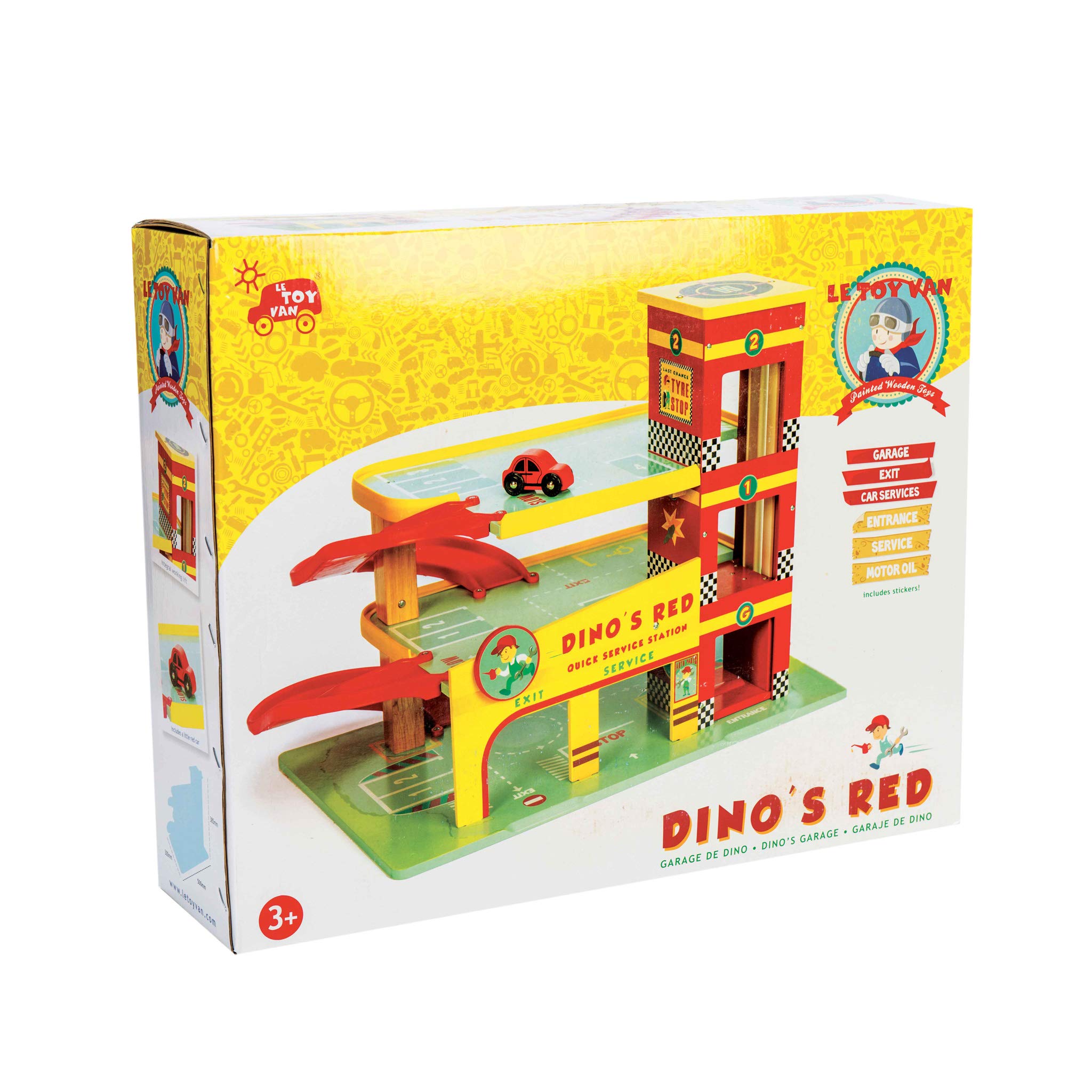 Le Toy Van - Iconic Wooden 3 Storey Dino's Toy Garage Toy Car Play Set - Set 7 Pieces , Play Vehicle Role Play Toys - Suitable For 3 Year Old