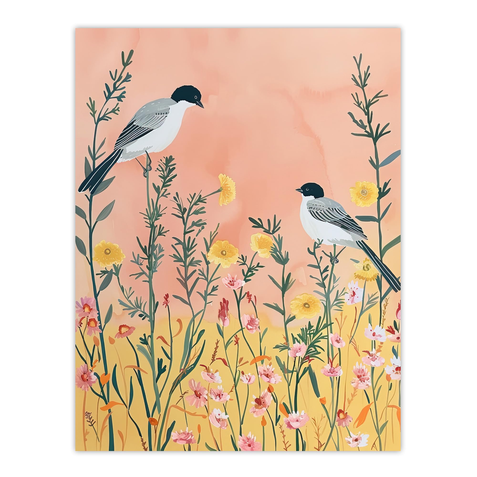 Artery8 Two Chickadee Birds in Pastel Wildflower Field Living Room Large Wall Art Poster Print Thick Paper 18X24 Inch