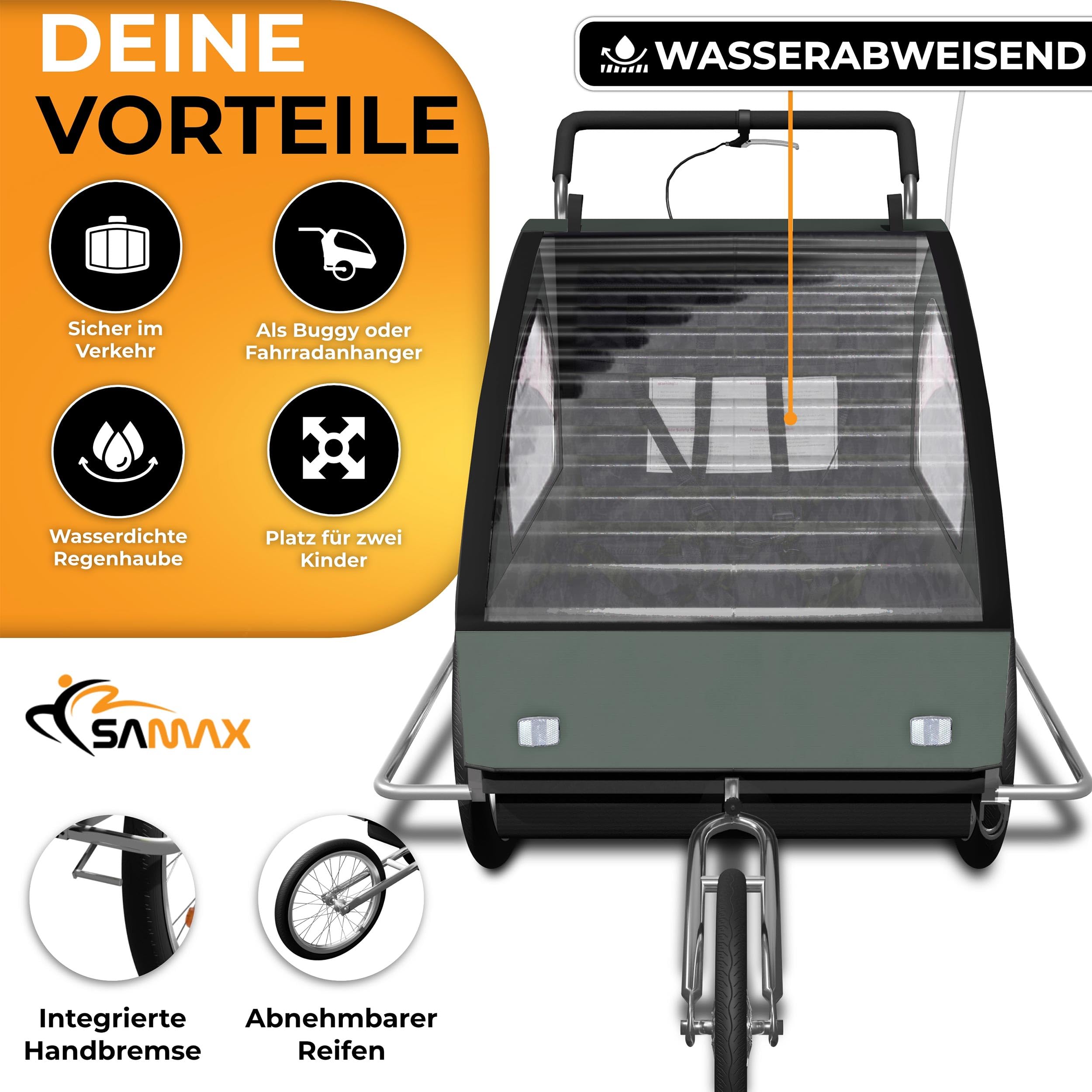 SAMAX Fahrradanhänger Jogger 2in1 Kinderanhänger Kinderfahrradanhänger Transportwagen gefederte Hinterachse für 2 Kinder
