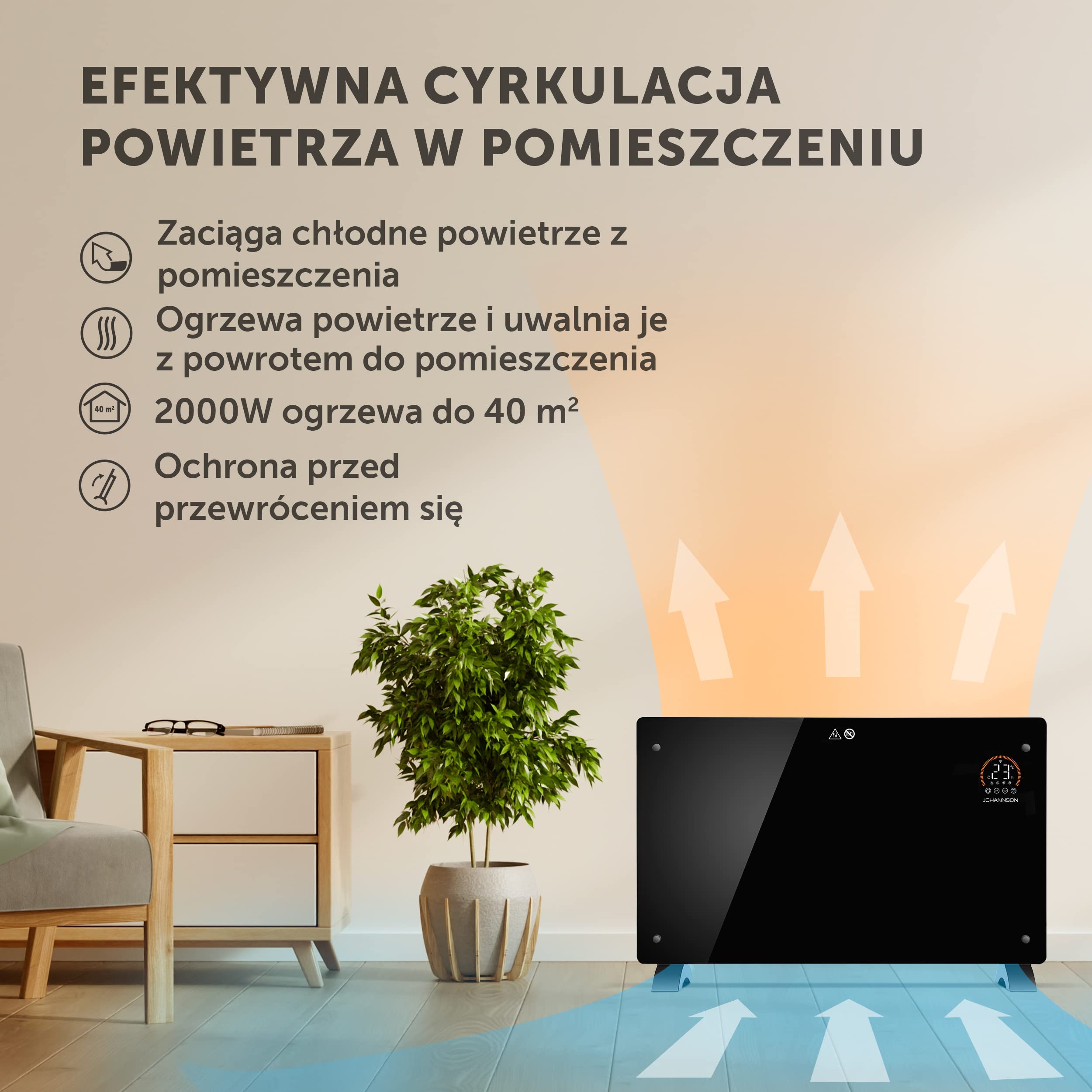 Aurora Grzejnik Elektryczny z Termostatem, Energooszczędny, Kaloryfer Elektryczny, Konwektor 2000W, Ogrzewanie Elektryczne, Bardzo Cichy