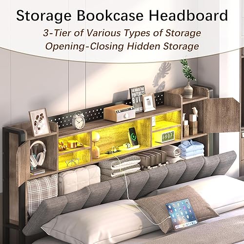 Miniatura 5 de CSZZD Base de cama Queen con cabecera de estantería de almacenamiento y luces LED, marco de cama tapizado tamaño Queen con estación de carga USB,