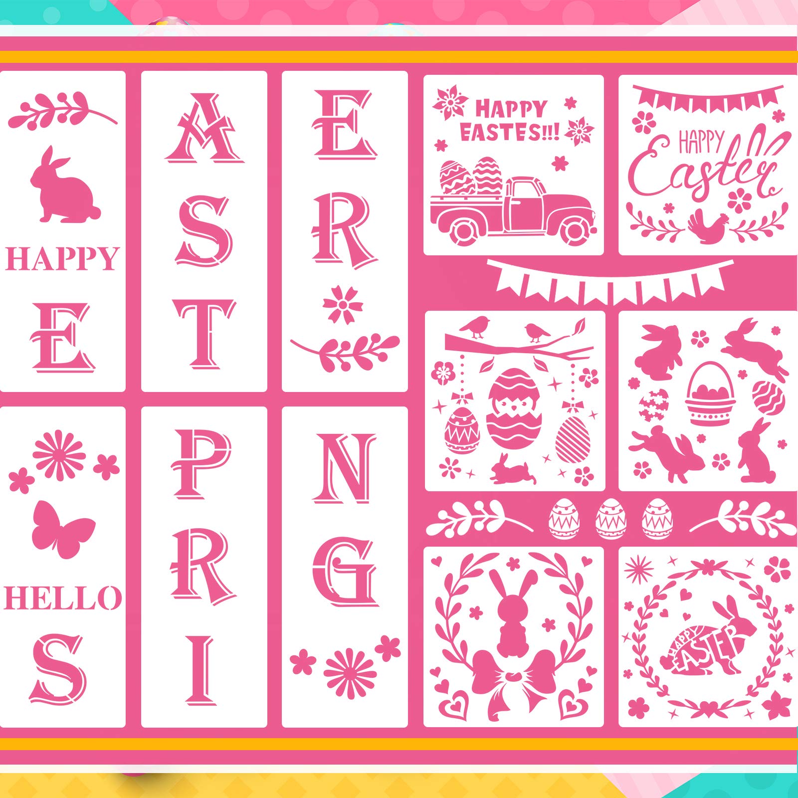 Photo 1 of 12 Pieces Easter Stencils Template Happy Easter Painting Spring Stencils Reusable Plastic Craft Stencils for DIY Painting on Wood, Front Door, Porch, Art Project, Home Decor--3 ITEMS