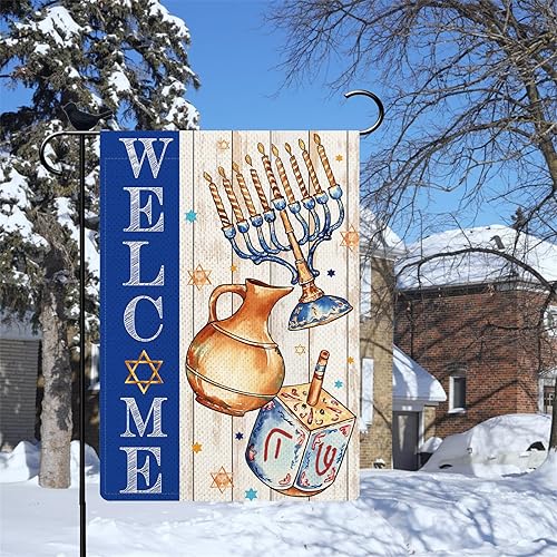 Miniatura 2 de Bandera de jardín de feliz Hanukkah con la estrella de David Love and Light Menorah, decoración de Navidad judía, bandera de arpillera para
