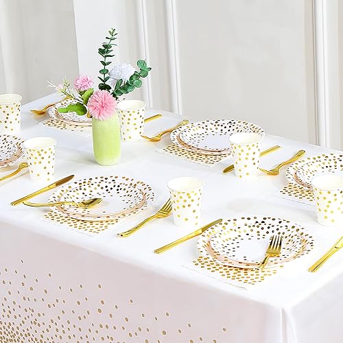 Miniatura 7 de 350 piezas de suministros dorados para fiestas, platos de papel blanco con puntos dorados, servilletas, tazas y cubiertos de plástico, juegos de