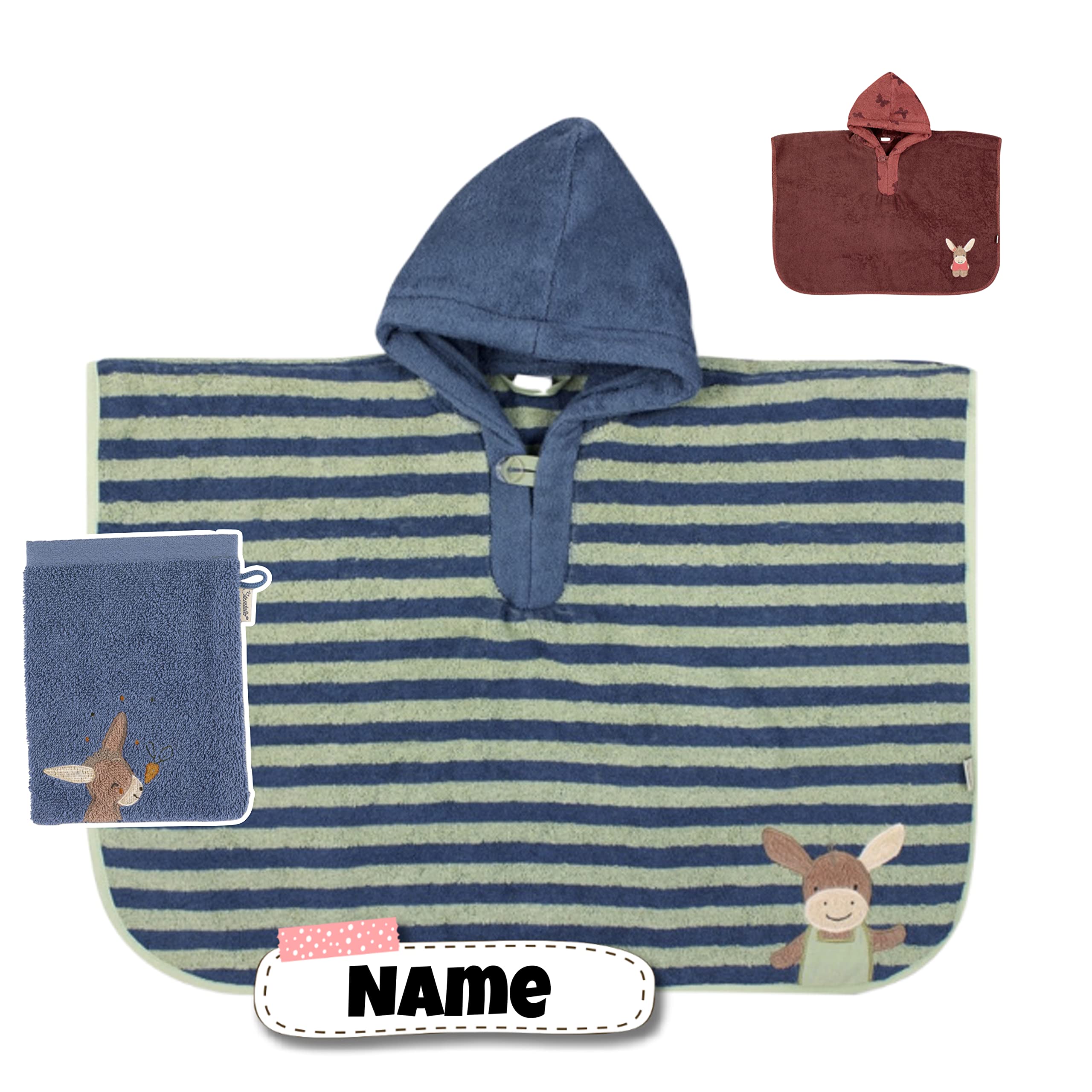 STERNTALER Badeponcho + Waschlappen mit Name bestickt mit Name | Poncho personalisiert | Kapuzenbadetuch Bademantel Kinder | Kapuzenhandtuch | Badetuch mit Kapuze | bis 5 Jahre