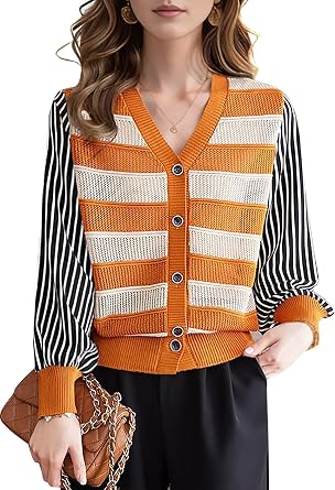 LAI MENG FIVE CATS Women V-Neck Striped Cardigan Sweaters Long Sleeve Tops | Fashion Casual Tops,Long Sleeve,Button Down,Regular Fit,Lightweight