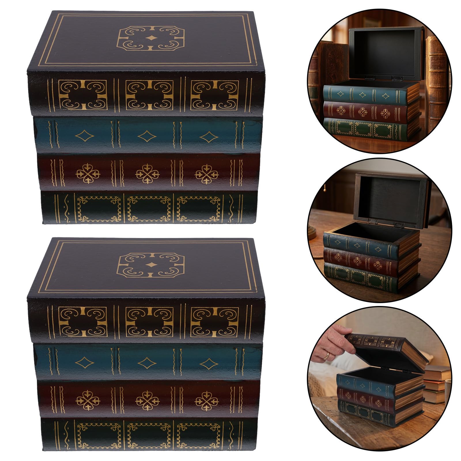 2 Juegos Caja Libro Oculta de Madera Estilo Vintage