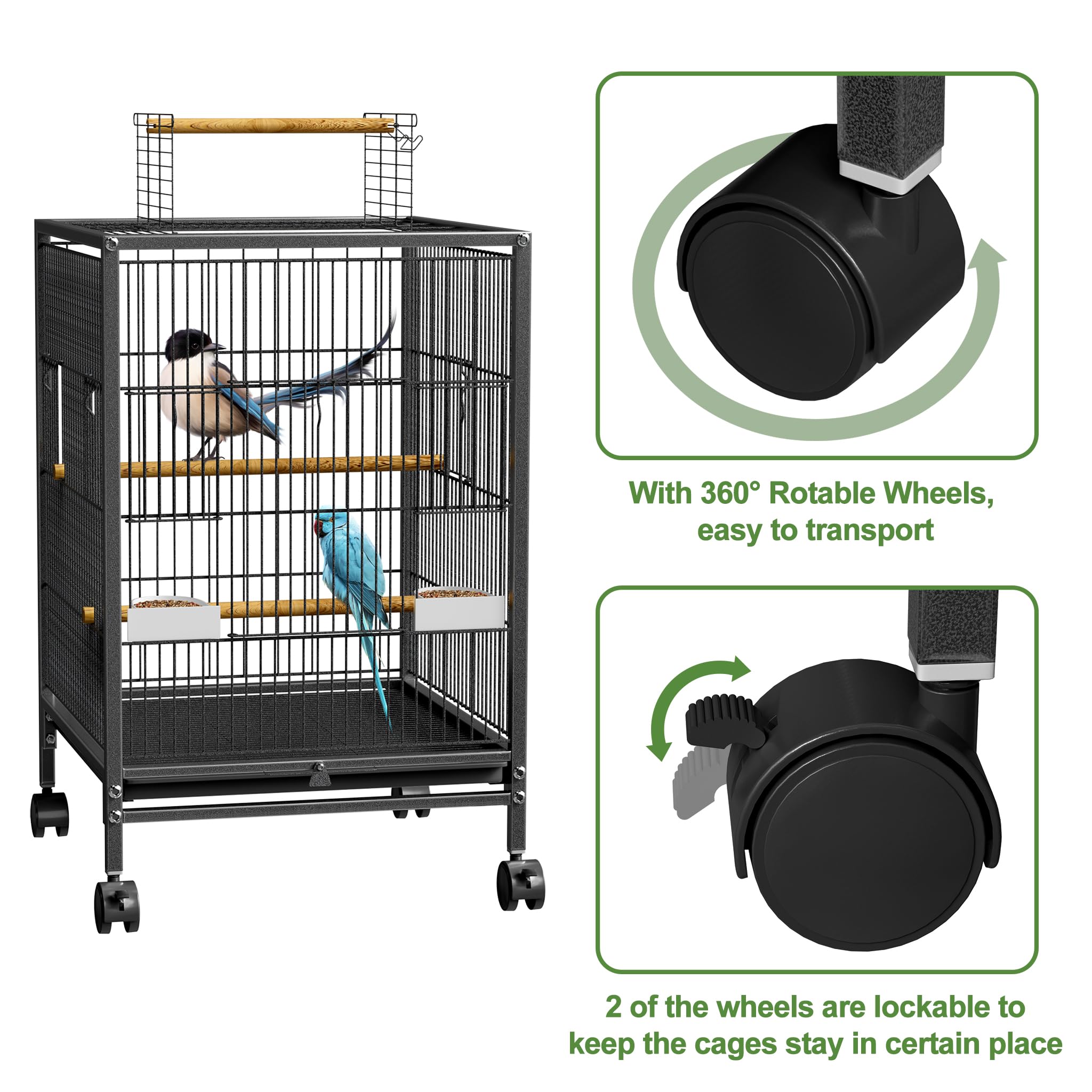 UISEBRT Jaula para pájaros con ruedas, barras de madera y comederos - Gran jaula para pájaros, voliera de madera, casa para pájaros, jaula de metal para pájaros para pinzones, canarios, periquitos