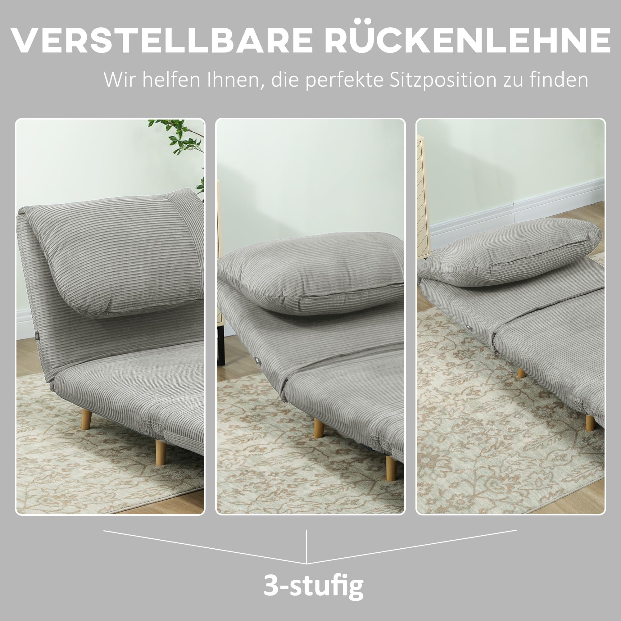 HOMCOM 2 in 1 Schlafsessel Klappbar Gästebett 82 x 87 x 89 cm Grau | Schlafsofa mit Bettfunktion, Verstellbarer Rückenlehne, Relaxsessel in Cordoptik, Klappsessel, bis 200kg