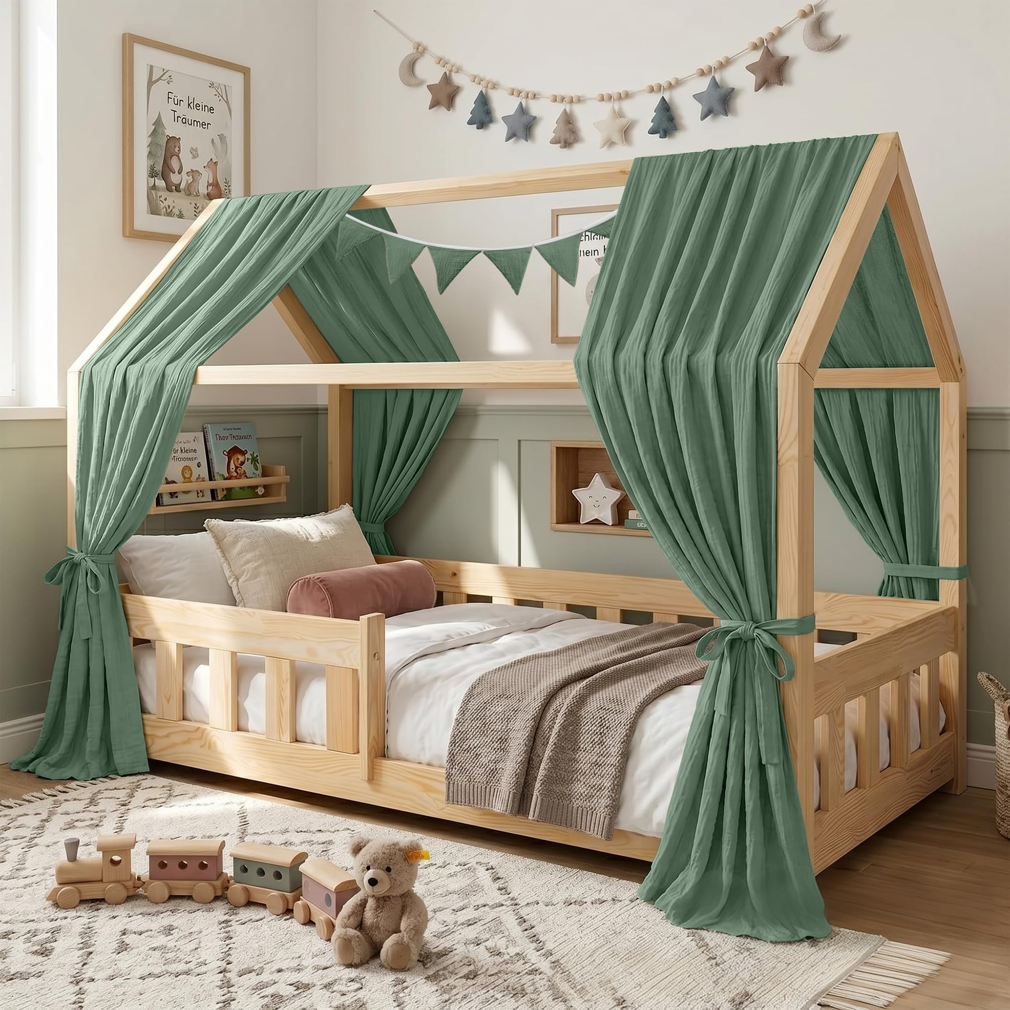 Dosel para cama infantil, dosel, cama infantil, juego de 2 unidades, 100% algodón, muselina, incluye banderines de 3 m (verde oscuro, 270 x 135 cm (alto x ancho x ancho) (2 unidades)
