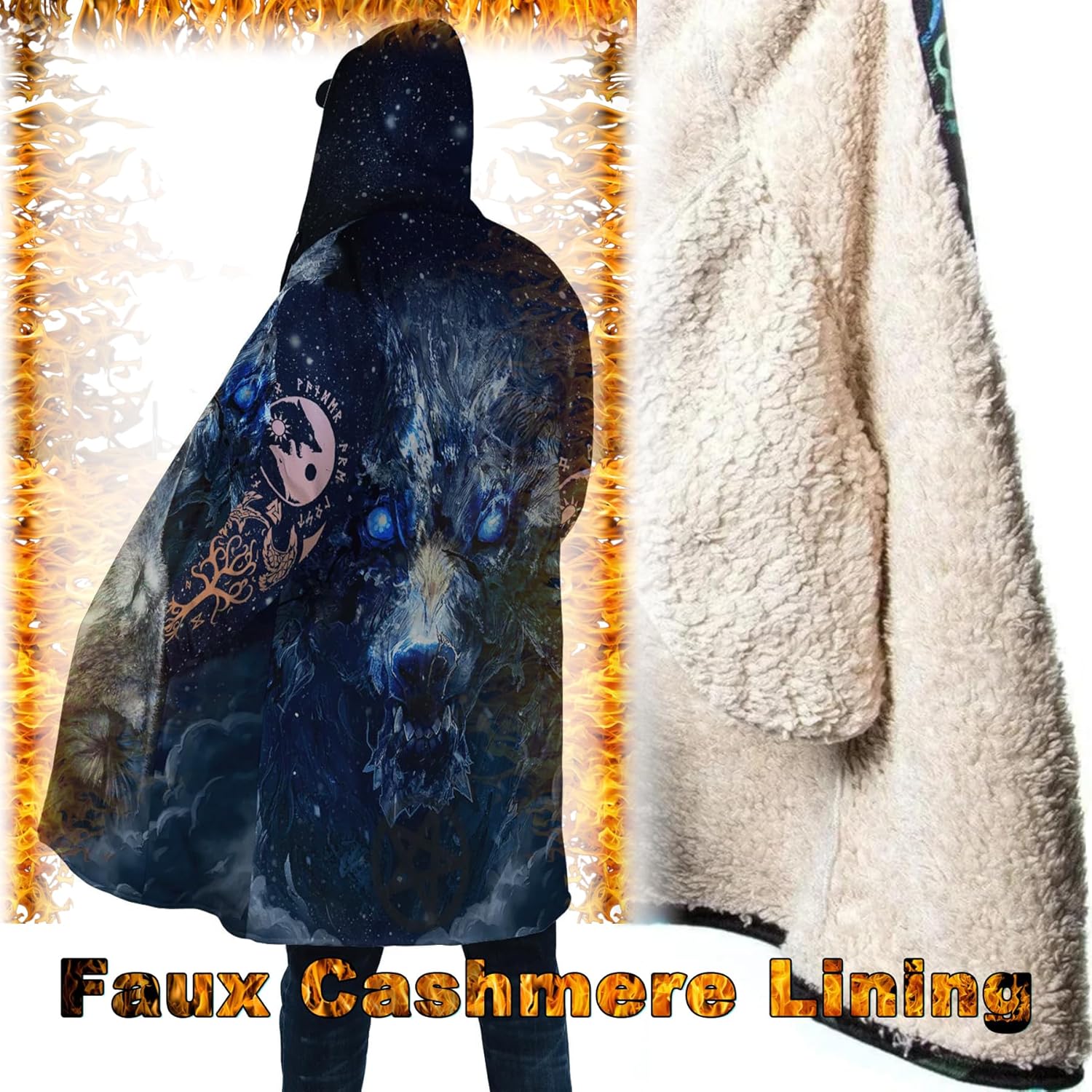 Viking Tattoos Men's Winter Warm Fleece Lining Hooded Parka Fenrir Wolf Pea Coats Trendy Mid-Length Sweater Coats