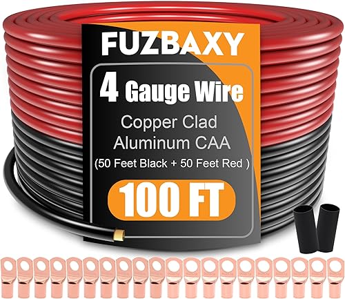 Miniatura 1 de Fuzbaxy Cable de calibre 4 (50 pies negro + 50 pies rojo) de aluminio revestido de cobre CCA  Cable automotriz primario alimentacióntierra, 20