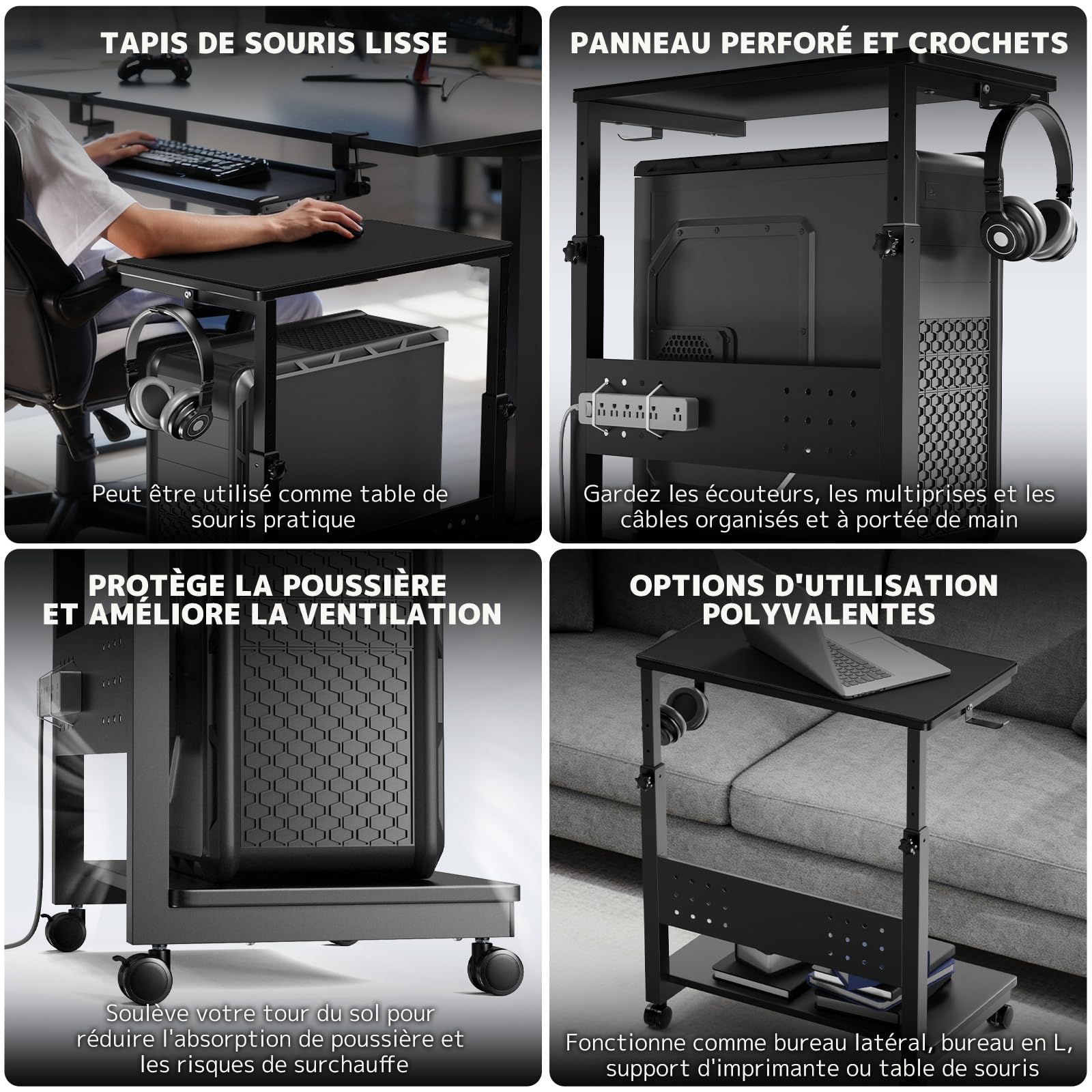 PUTORSEN Support Tour PC Réglable Hauteur à 2 Niveaux, avec Roulettes et Tapis de Souris, Support PC sous Bureau pour Boîtier ATX jusqu'à 40kg/Niveau, Support pour Imprimante de Bureau Domestique,Noir