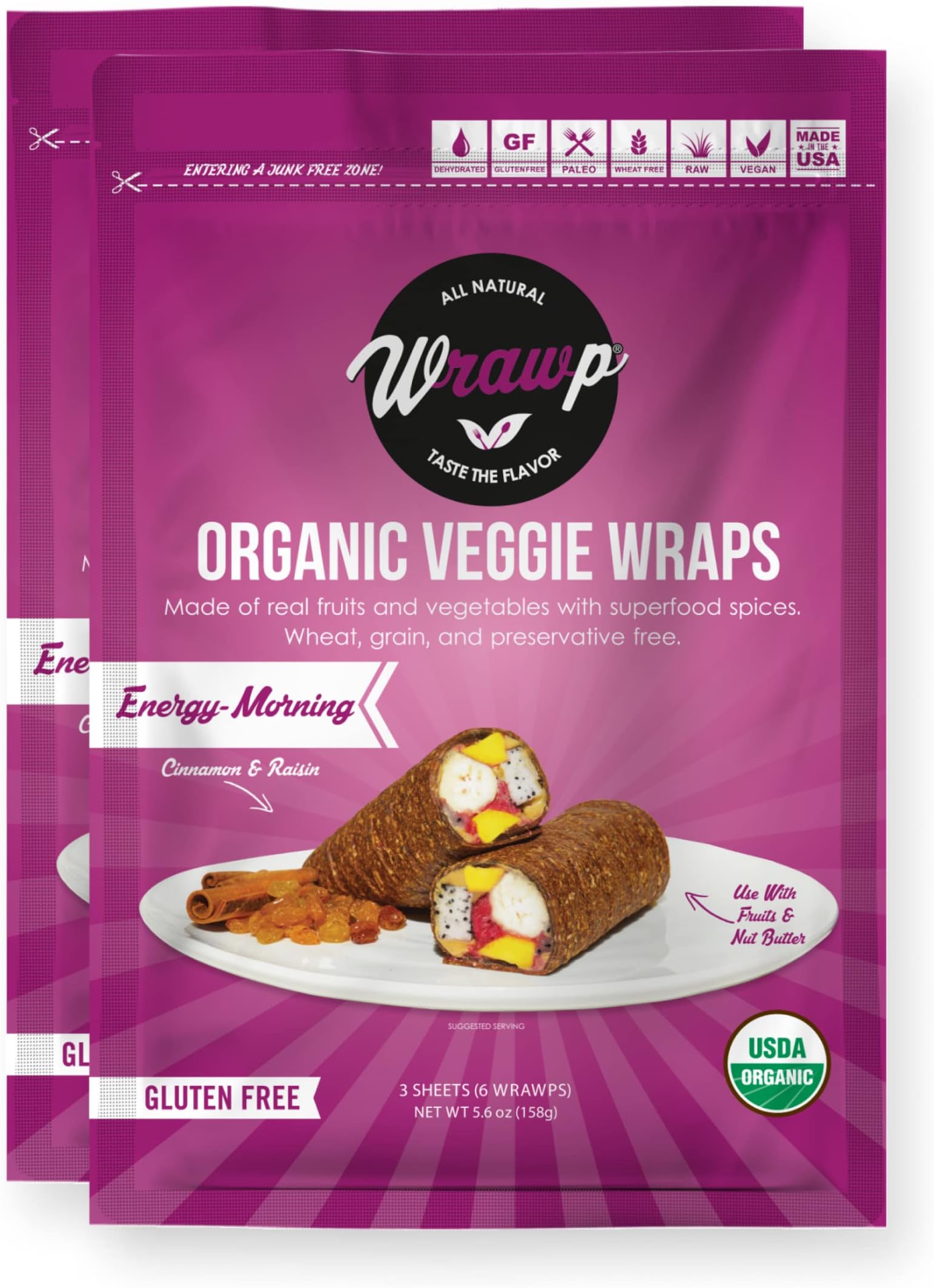 WrawP Organic Veggie Wraps - ENERGY-MORNING (2 pack) SHELF STABLE, All Natural, Gluten Free, Paleo, Raw Vegan. Perfect for Wraps, flat bread, snack, chips