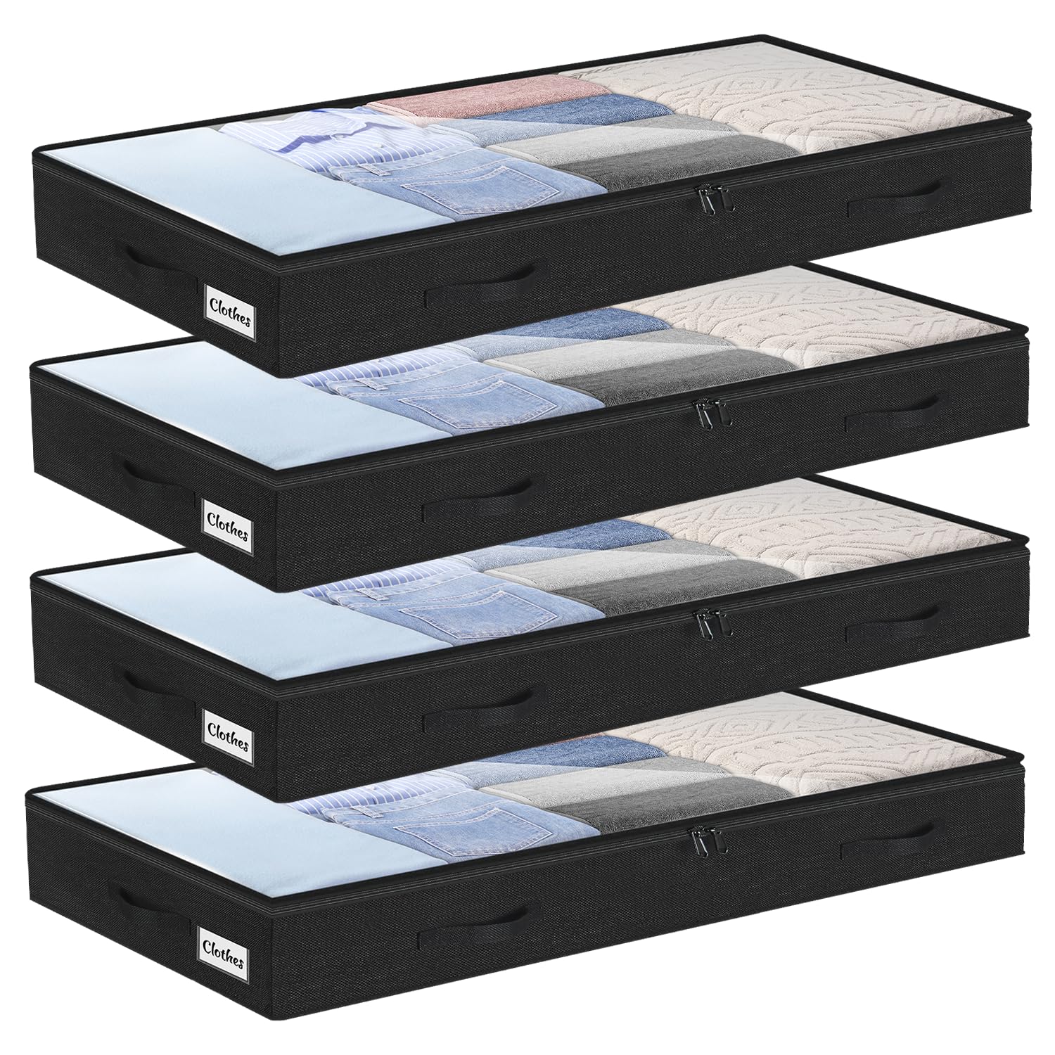 Kukikan Black-4Pcs Underbed Storage Bags 4 Pack, 10Cm Tall Large Under Bed Storage Box With Zip, Foldable Shallow Wardrobe Storage Organiser With Clear Window & Reinforced Handle For Clothes, Blankets, Shoes, Bedding
