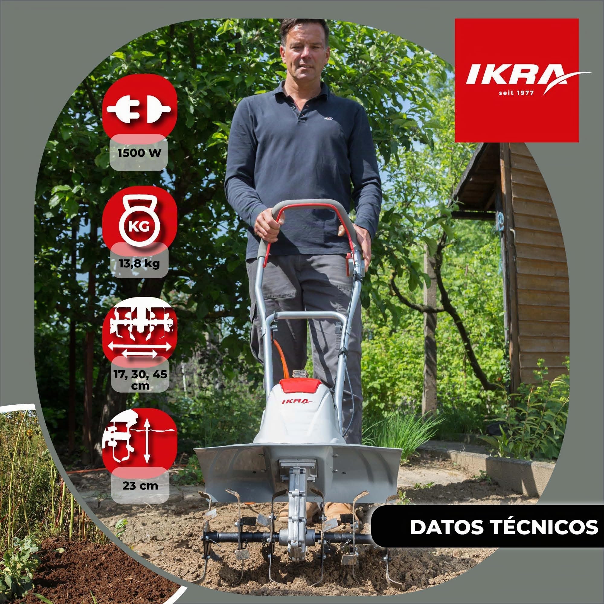 IKRA motozada eléctrica Fem 1500, 3 anchuras Flexibles de 17, 30 y 45 cm | 1500 W, profundidad de trabajo de 23 cm, espolón de profundidad, rueda de transporte, plegable, protección contra sobrecargas