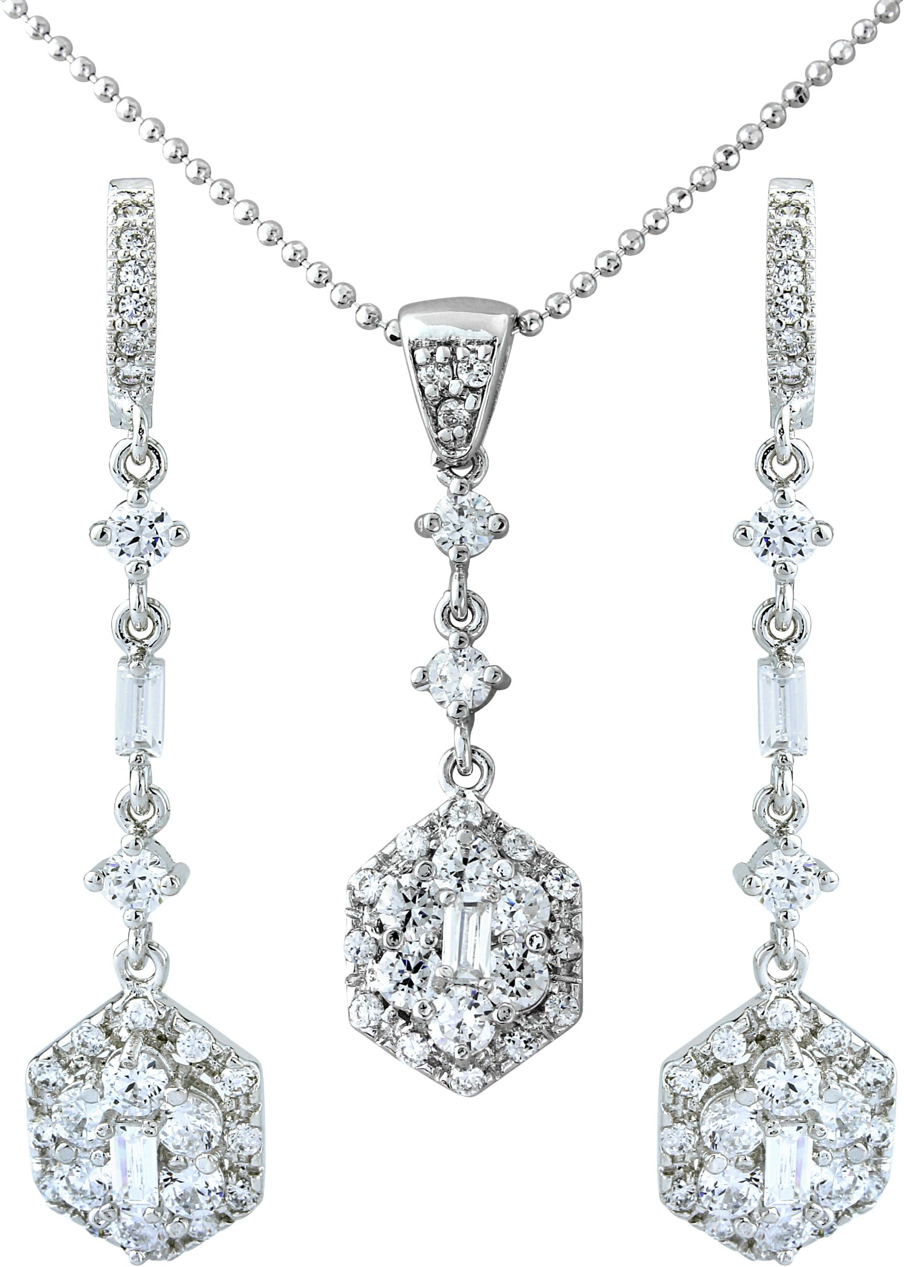 Silver Tone Elegant Bridal Set - Long Crystal Drop Pendant and Earrings