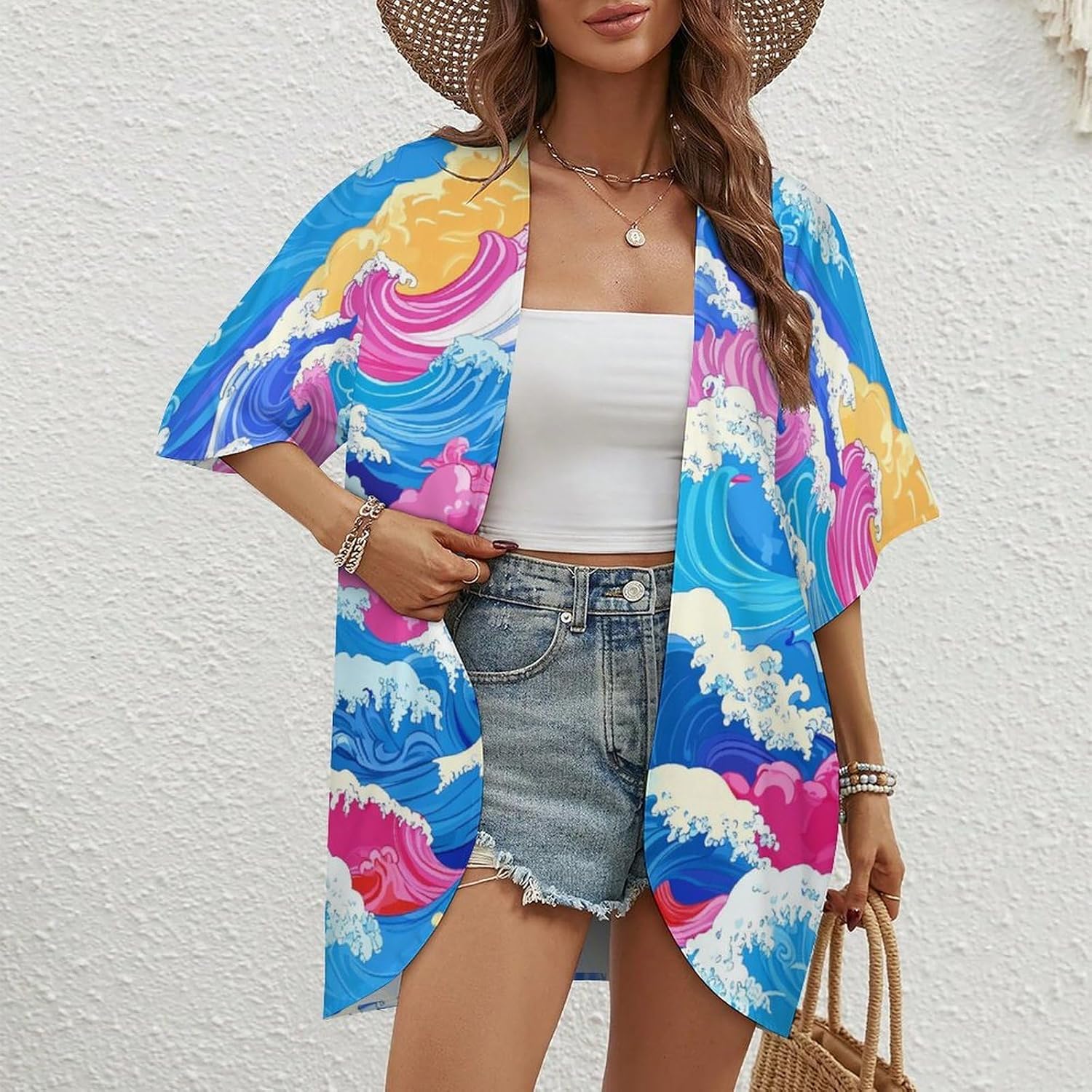 Wave Japanese Women's Open Front Cardigan Short Sleeves Jacket Lightweight Sweaters Tops