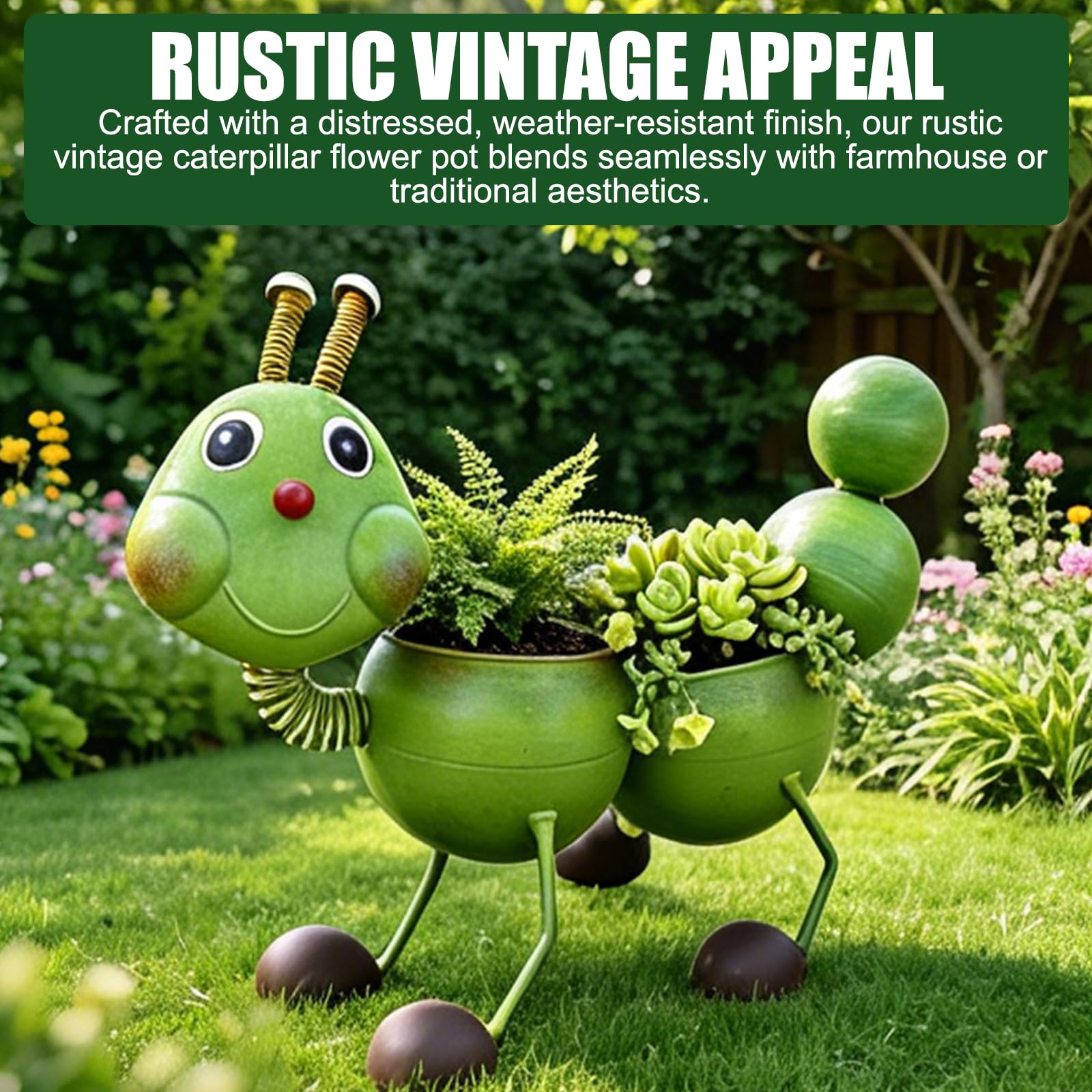 Handgefertigter Pflanzkübel in Raupenform, Rustikale Vintage Gartendeko aus Metall, Origineller Blumentopf für Garten, Terrasse, Hof, Einzigartiges Geschenk für Mama, Gartenliebhaber (Gelb)