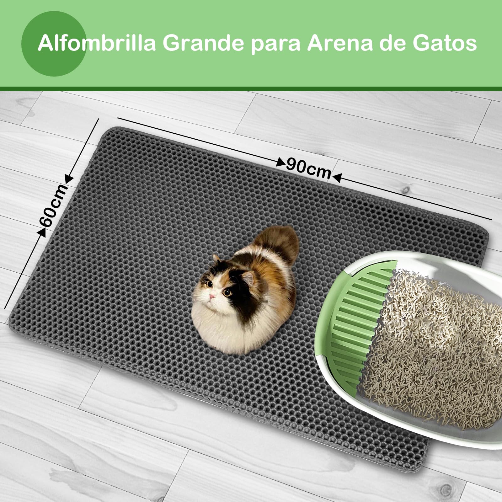 Alfombra Arenero Gato 90 x 60 cm EVA Impermeable Alfombrilla Arenero Gato, Diseño de Doble Capa en Forma de Panal Alfombra Arena Gatos, Gris