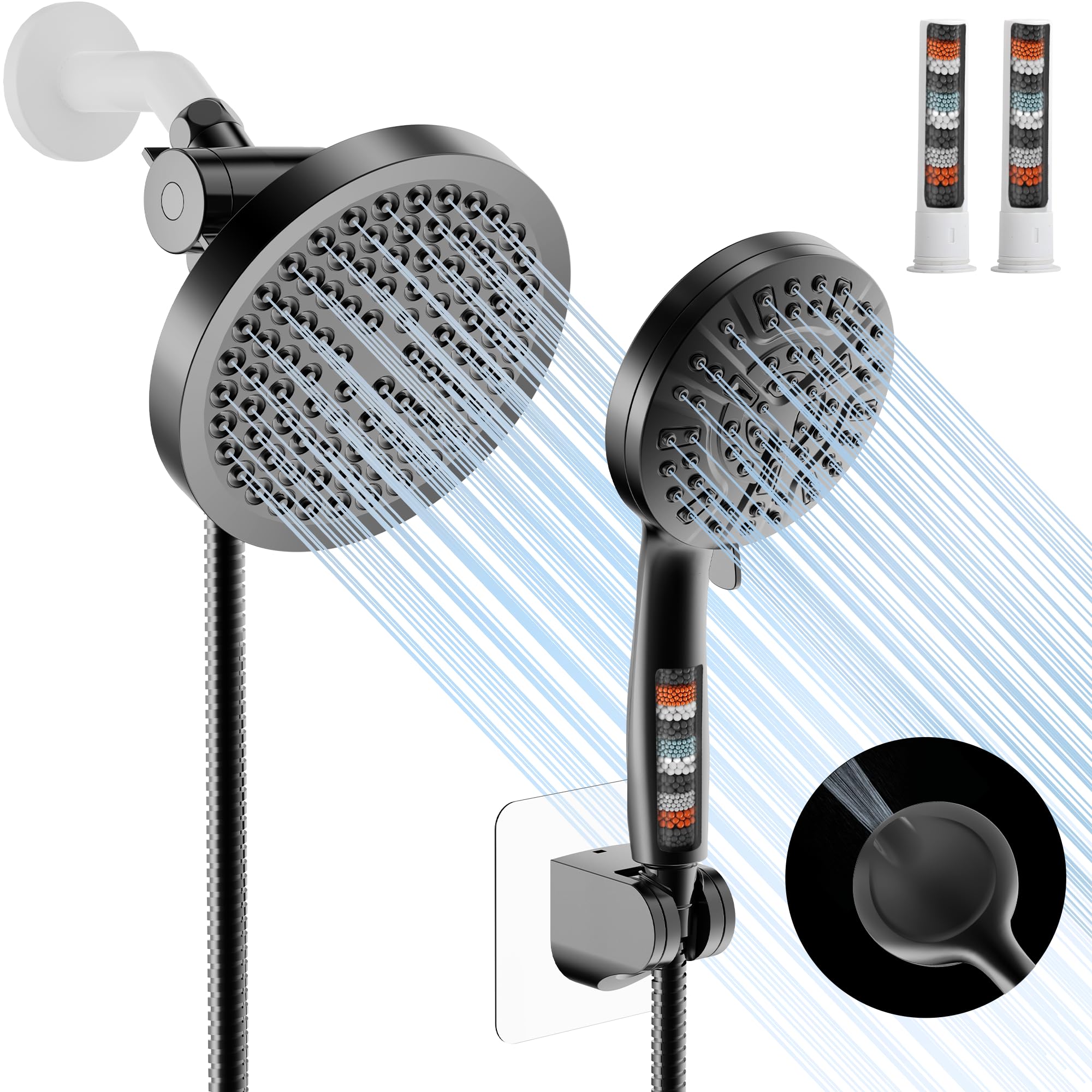 UltrTxenova Filtered Shower Head with Handheld Spray Combo,High Pressure Rain Shower Heads,Double Dual Shower Head 10 Spray Modes,Detachable Showerhead 78 Inch Hose,Black