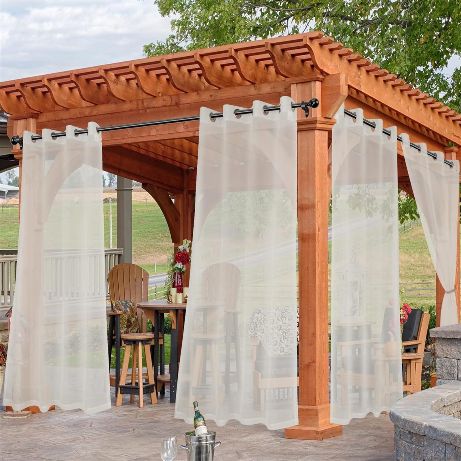 Lot de 2 rideaux d'extérieur imperméables en voile transparent avec œillets pour jardin, balcon, terrasse, pavillon, 132 x 183 cm, parfaits pour la protection de l'intimité et du soleil