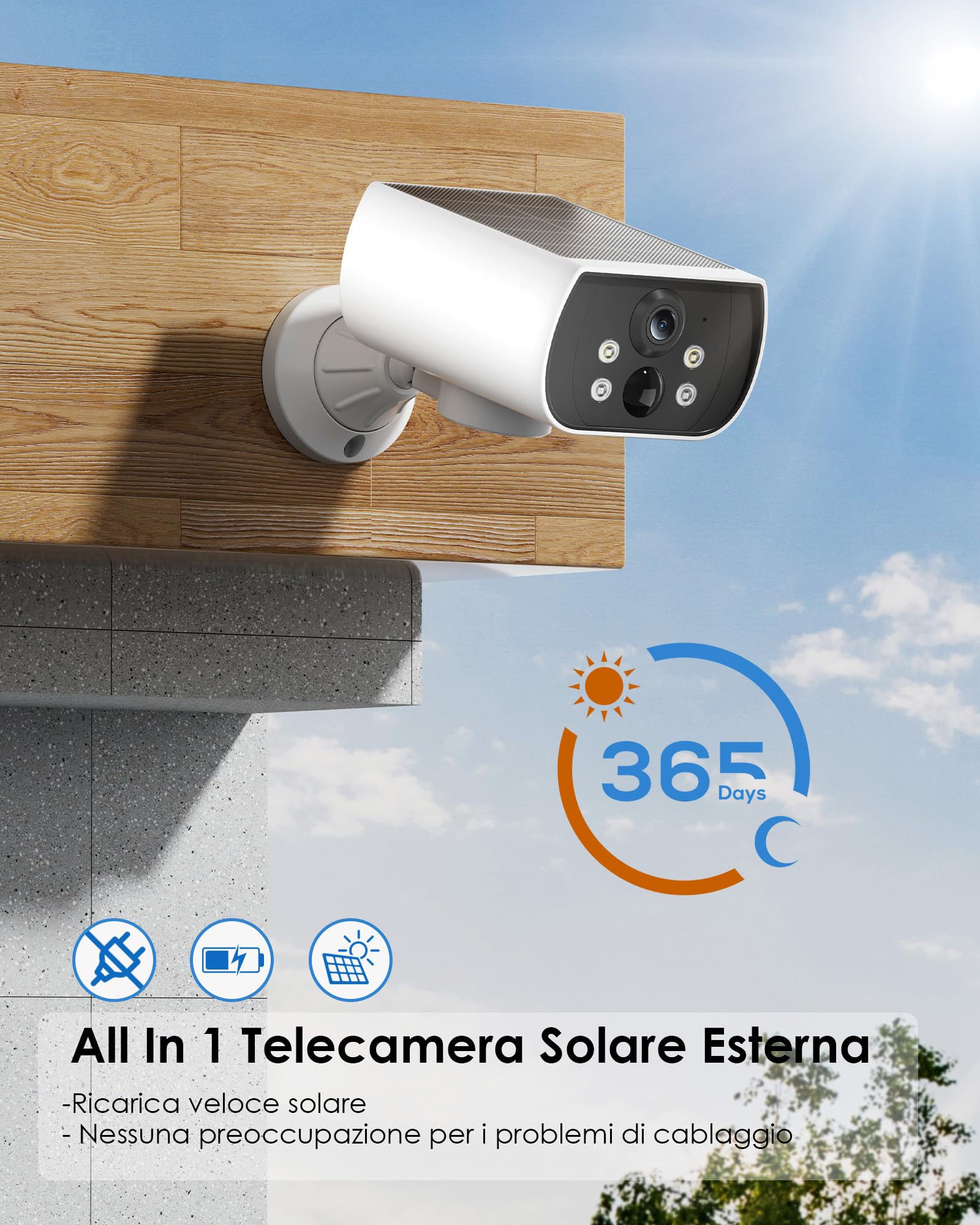 CZEview 3K 5MP Telecamera Wi-Fi Esterno Senza Fili Solare con Batteria | Magnetica Senza Forare, 300° Rotazione, Visione Notturna a Colori, Rilevamento Persone, Audio Bidirezionale, IP65