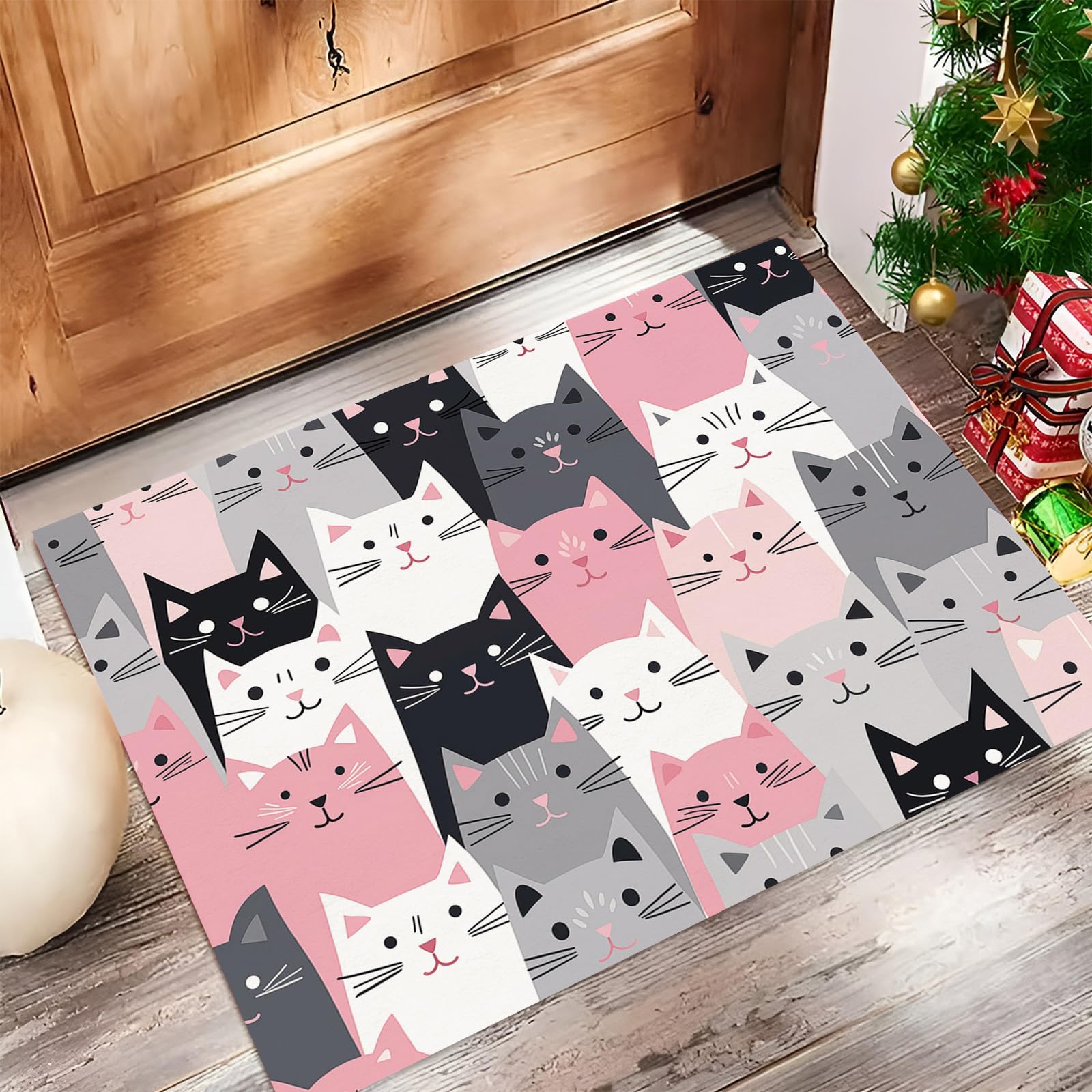 Paillasson intérieur chat mignon 50x80cm gris rose lavable