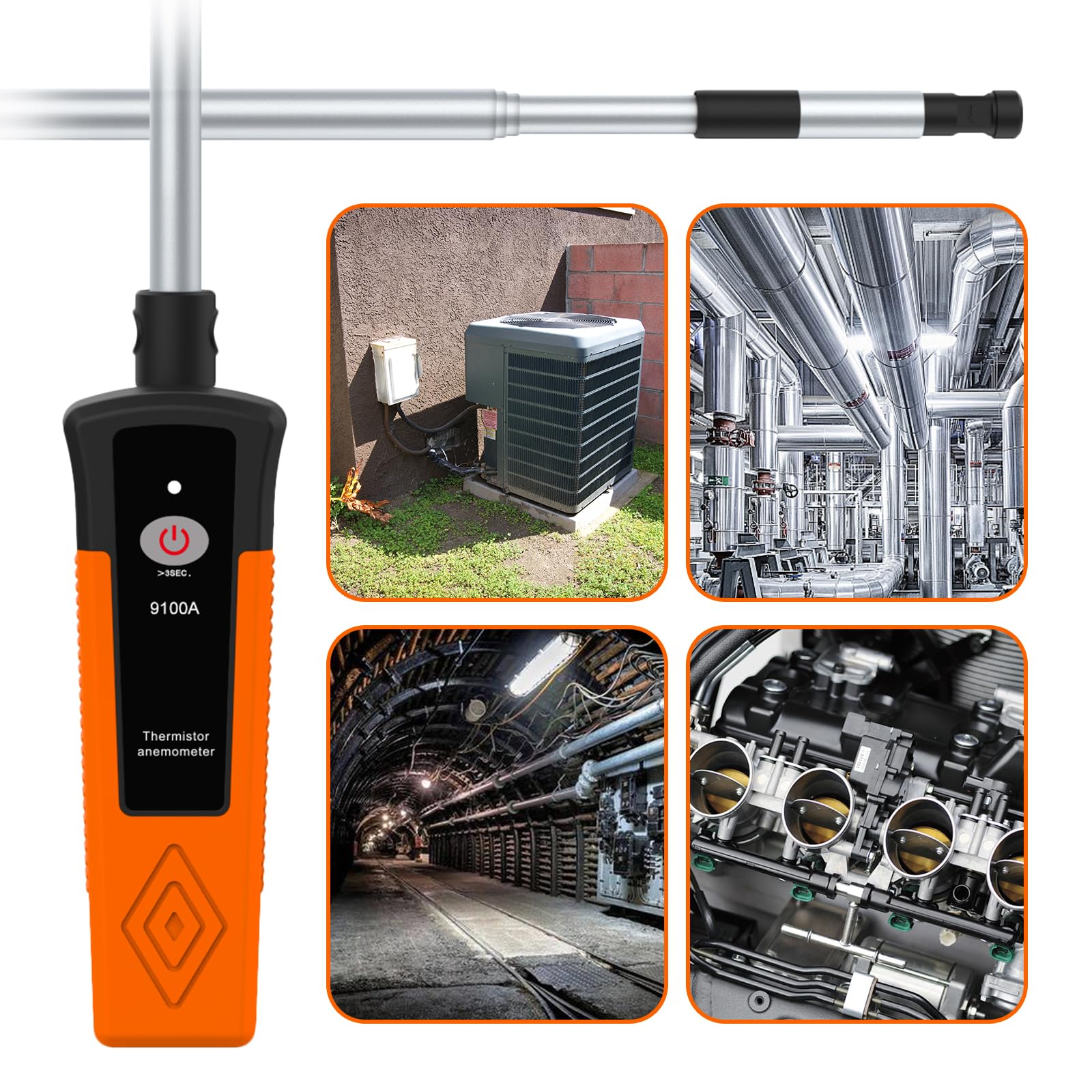 Heißdraht-Anemometer, Thermischer Anemometer mit 40 m/s und Bluetooth, Ausziehbare Stange 320–650 mm, 9100A Windmesser Windmessgerät mit APP, hohe Präzision 0,1 m/s, misst HVAC, Datenprotokollierung