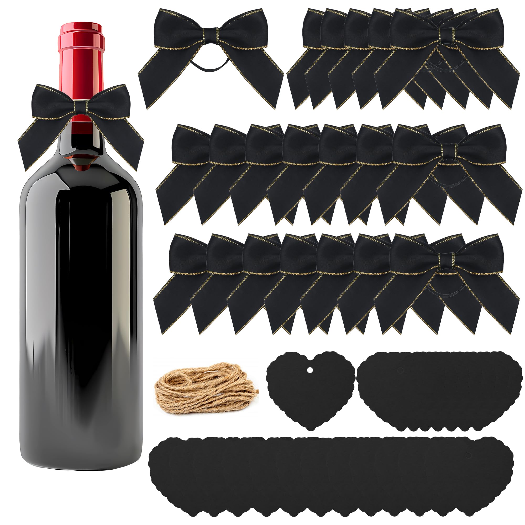 Decorazione di Etichette Bottiglie di Vino, Etichette per Vino 20Pcs Etichette per Bottiglia e 20Pcs Fiocchi Regalo Targhette Etichette Carta Kraft per DIY Bottiglie di Vino Spumante (Nero)