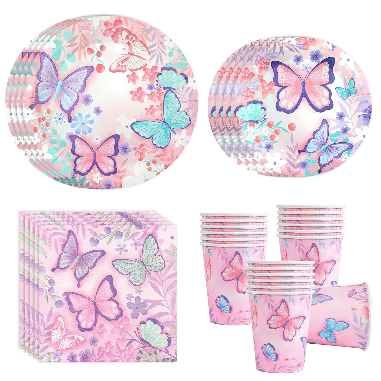 Pink Floral Butterfly Party Tableware Set for Girls Birthday & Garden Party