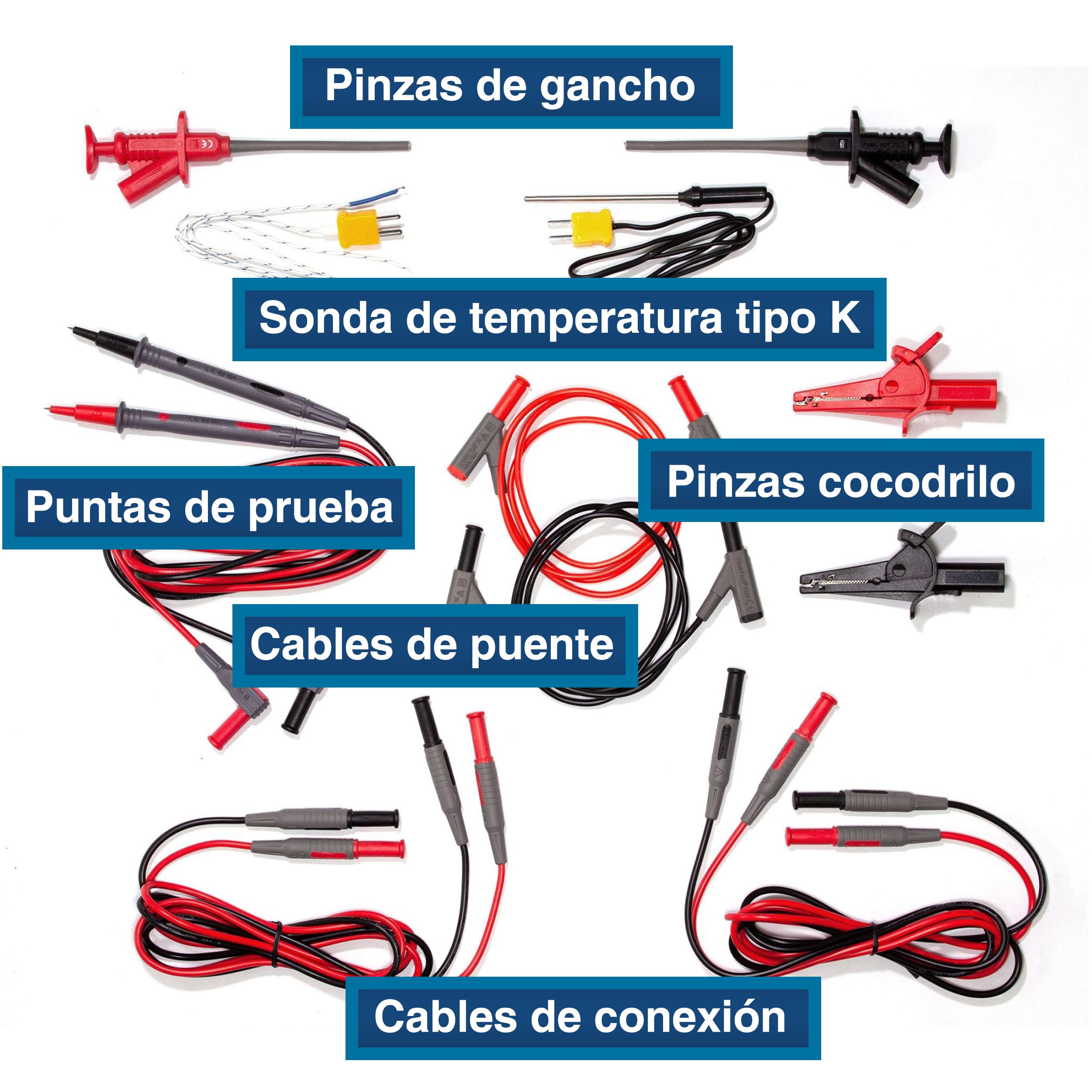 PeakTech 8200 - Juego de Accesorios de Medición para Multímetro Digital, Cables de Prueba, Pinzas de Cocodrilo, con Batería - 14 Piezas, Bolsa Incluida