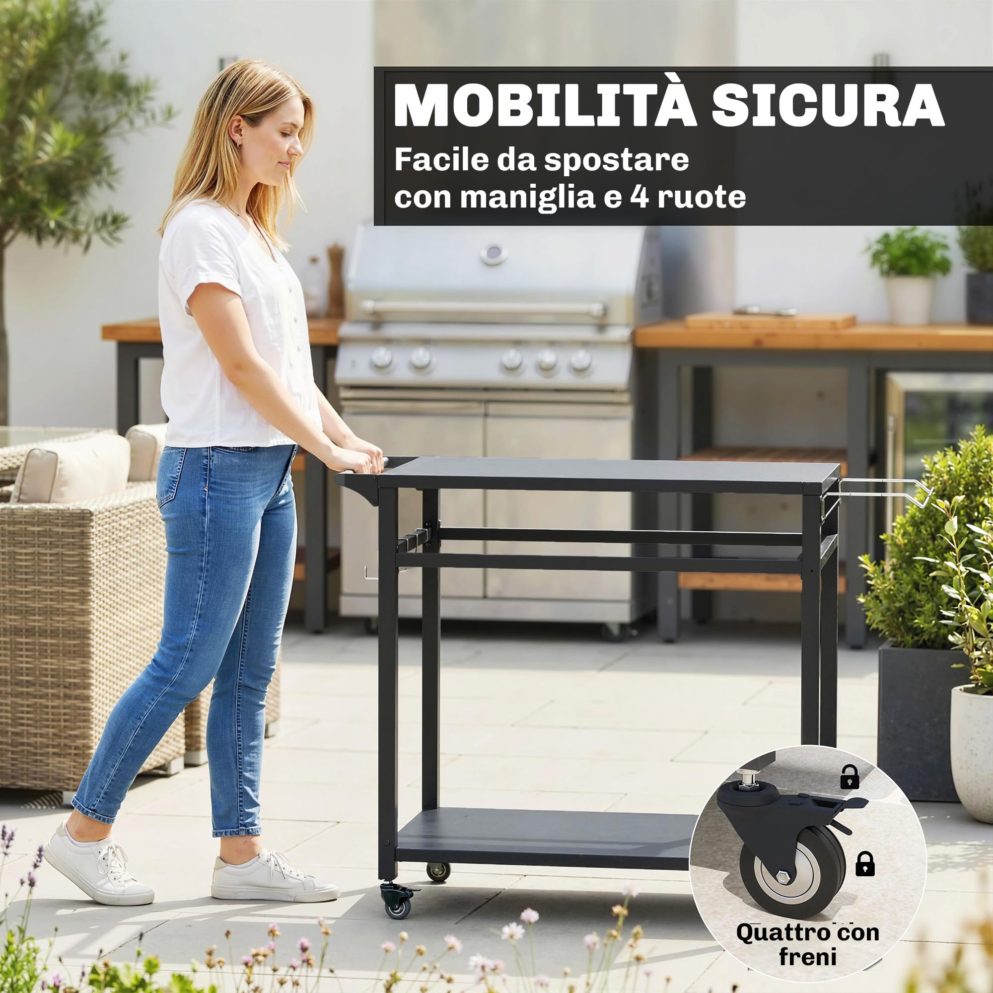 Outsunny Carrello Barbecue da Esterno con 2 Ripiani in Metallo, Tavolo Cucina da Esterno con Ruote, Maniglia, Portasacchi e Ganci, 113x50.5x88 cm, Nero