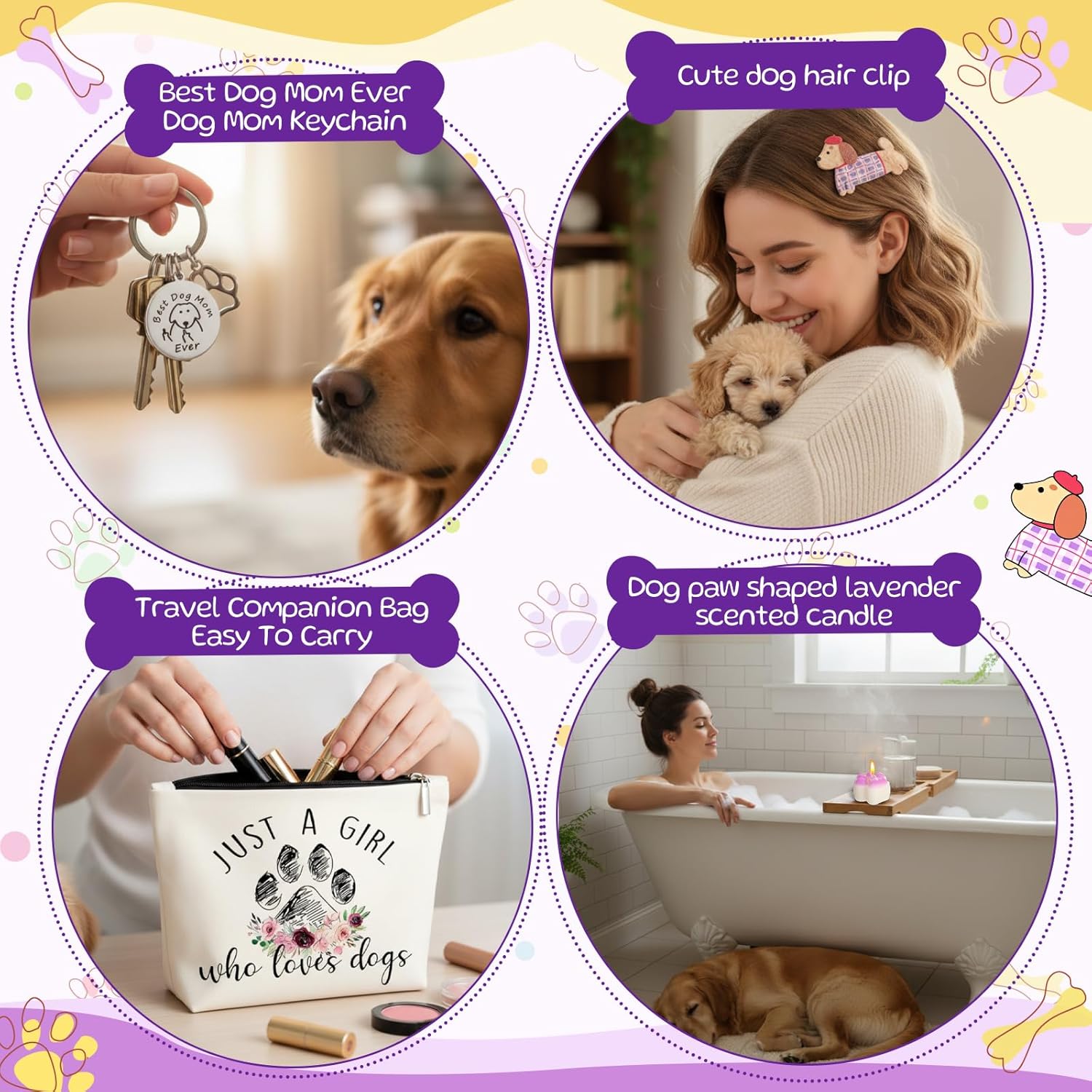Qinyoung 12 Pcs Christmas Dog Mom Gifts for Women Purple Mom Birthday Gifts for Dogs Lover 17oz Tumbler Cup Gift Basket Scented Candle Socks Hair Clip Key Chain Greeting Card for Mothers Day, Xmas - Image 4
