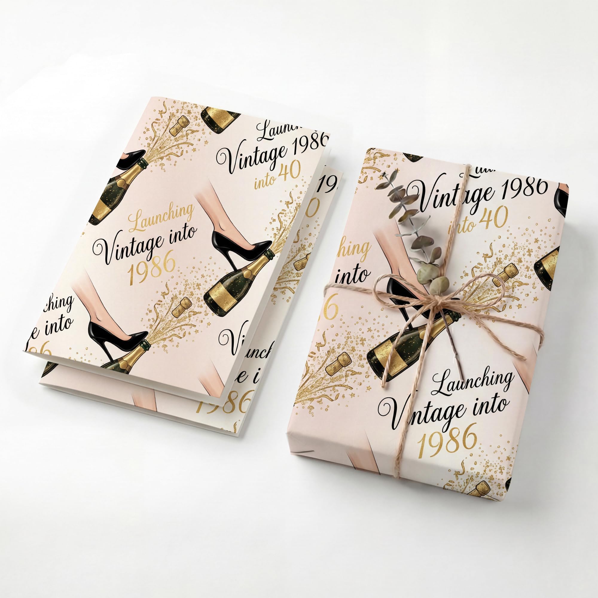 Vintage 1986 Champagne High Heel Birthday Wrapping Paper Folded Sheets, 120GSM Thick Kraft Wrapping Paper for Women, Funny 40th Print Present Packaging for Wife Friend, Two Pack — image 1